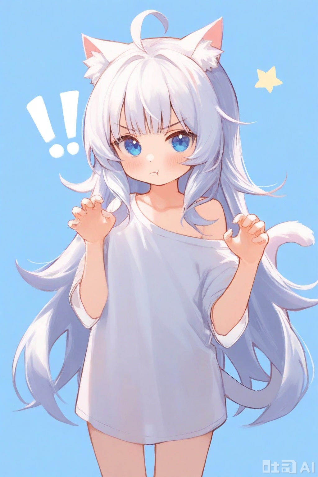 loli, 1girl, solo, long hair, looking at viewer, blush, bangs, blue eyes, simple background, shirt, animal ears, very long hair, closed mouth, tail, white shirt, ahoge, white hair, short sleeves, cat ears, off shoulder, star \(symbol\), v-shaped eyebrows, cat tail, animal ear fluff, hands up, blue background, cat girl, !, :t, pout, claw pose, !!, oversized shirt
