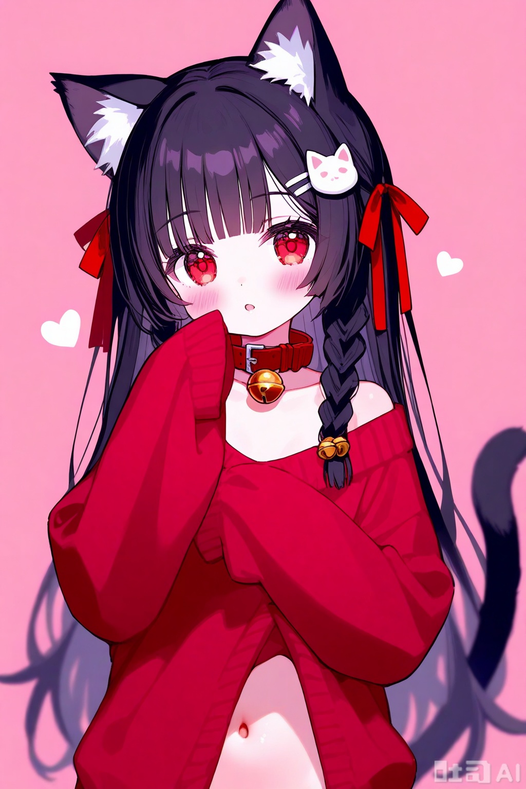 loli 1girl solo long hair looking at viewer blush bangs simple background black hair hair ornament red eyes ribbon animal ears tail hair ribbon upper body braid heart parted lips cat ears blunt bangs :o collar red ribbon cat tail animal ear fluff sleeves past wrists bell pink background cat girl jingle bell red background neck bell sleeves past fingers red collar Collarbone navel wearing a red sweater with a ruffled design good work (best quality) illustration depth of field (color) masterpiece best quality petite cute loli kawaii