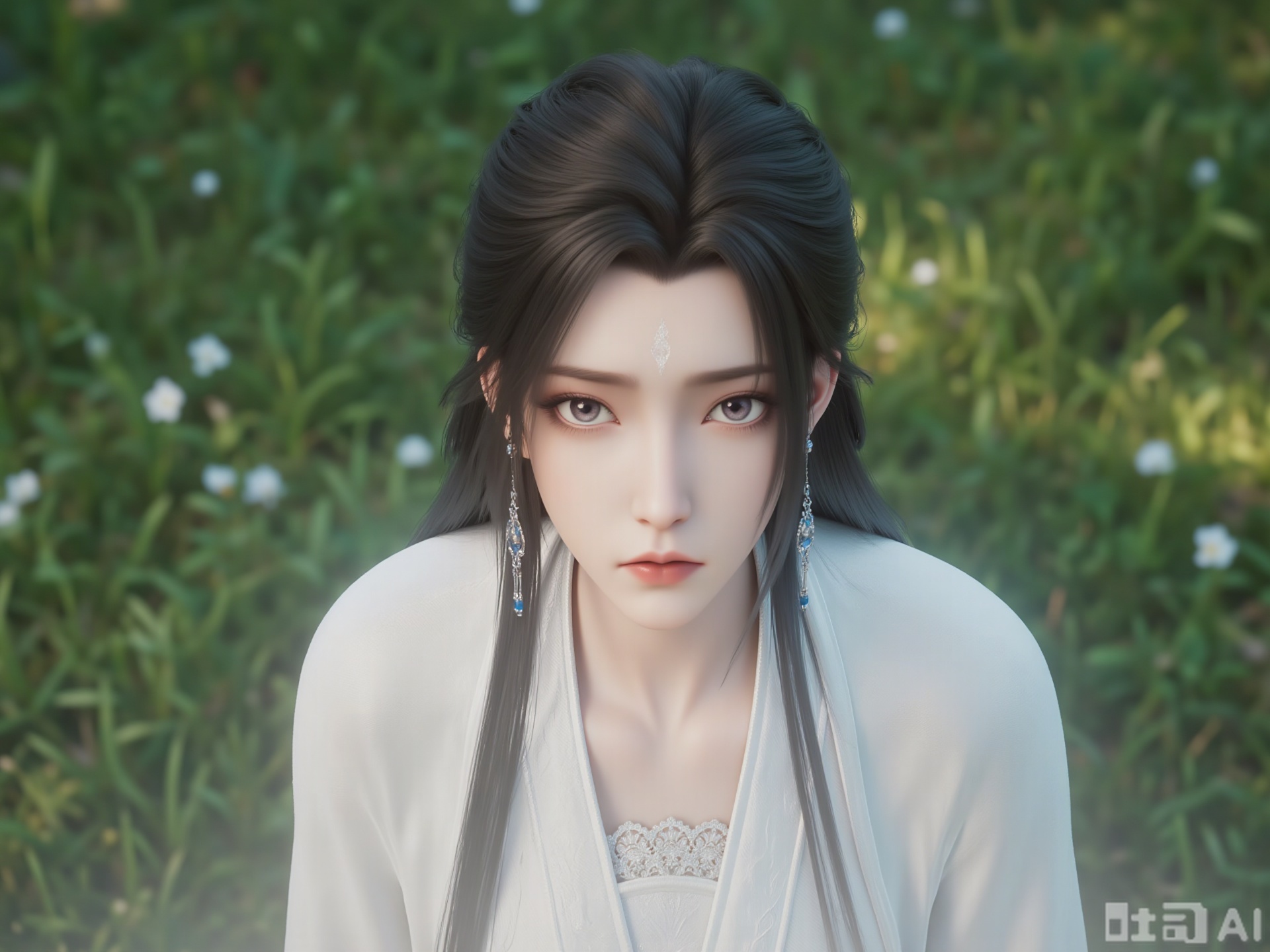 The image depicts a young woman with long dark hair, wearing traditional attire that includes a white garment with intricate designs. She has a serene expression and is adorned with a small decorative mark on her forehead. Her earrings are long and ornate, complementing her traditional look. The background consists of a lush, green environment with grass and small white flowers scattered around, giving a peaceful and natural setting. The lighting is soft, suggesting a calm and tranquil atmosphere.