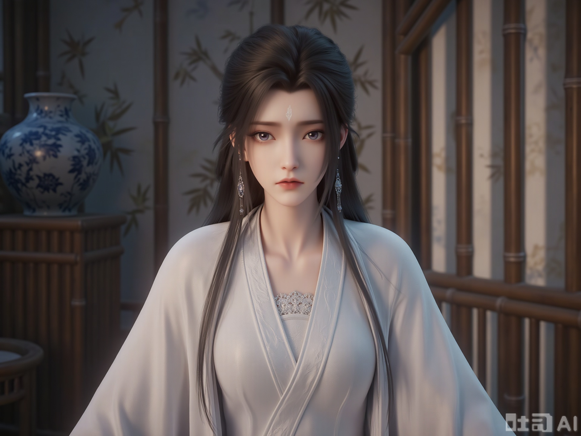 The image depicts a young woman with long, flowing hair, wearing traditional attire that includes intricate embroidery and delicate jewelry. She is standing in what appears to be a serene, possibly East Asian, setting, with a large blue and white porcelain vase in the background and bamboo structures framing the scene. The lighting is soft and ambient, giving the image a calm and contemplative atmosphere.
