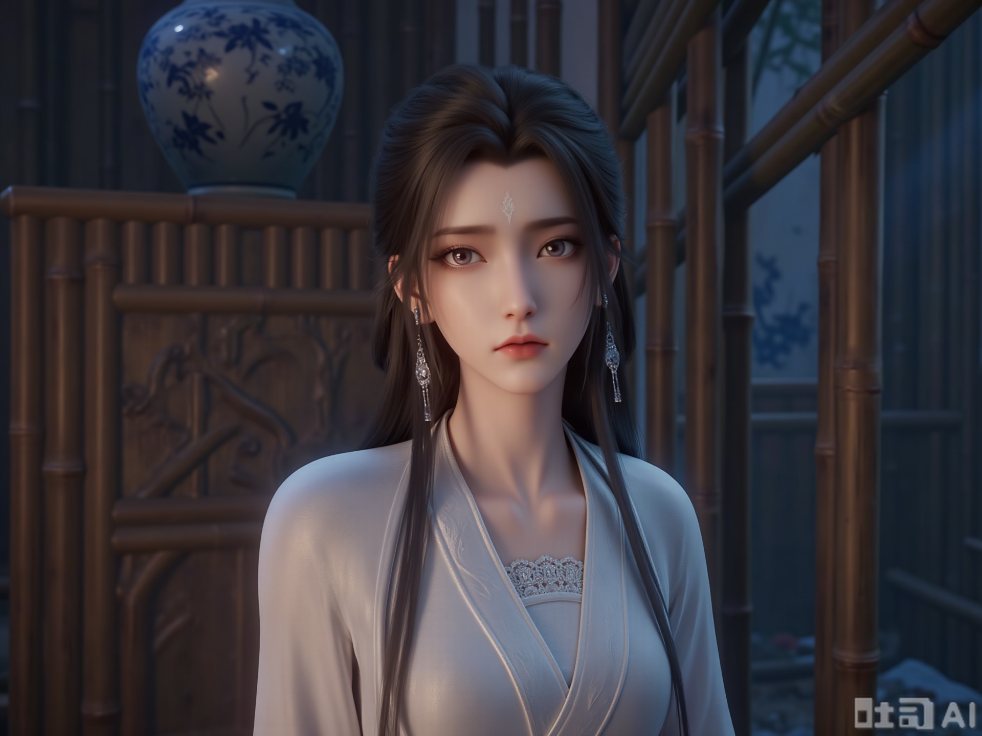 The image depicts a young woman with long, flowing hair, wearing traditional attire that includes intricate embroidery and delicate jewelry. She is standing in what appears to be a serene, possibly East Asian, setting, with a large blue and white porcelain vase in the background and bamboo structures framing the scene. The lighting is soft and ambient, giving the image a calm and contemplative atmosphere.
