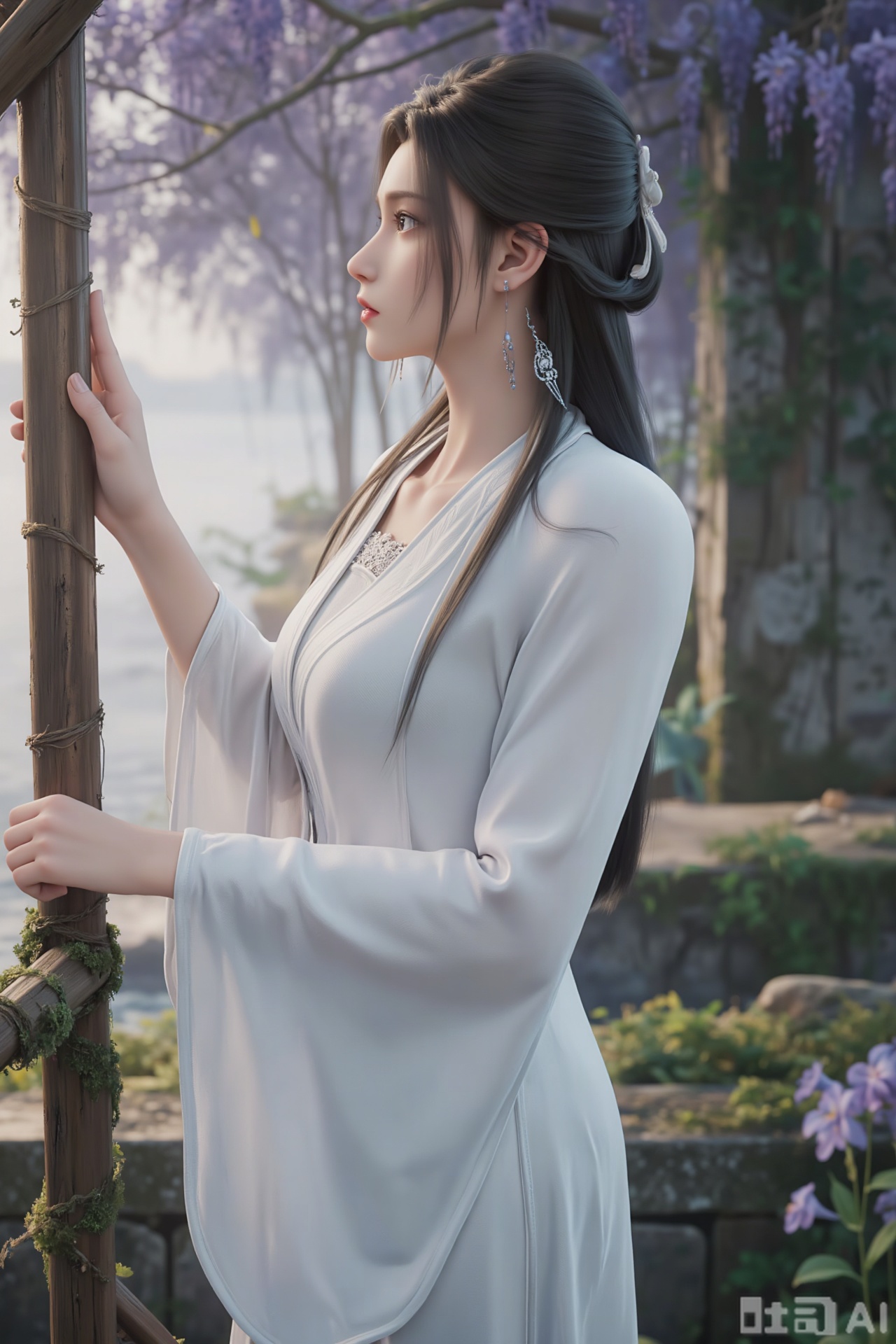 Realistic CGI, a young Asian woman with fair skin and long dark brown hair, wearing a white, intricate embroidered dress with hanging earrings. Her expression was serious and thoughtful. The lights are soft and natural, highlighting the texture of her delicate facial features and dress
The woman stood sideways under the half-open wooden flower stand, gently holding the railing wrapped around the rose with her right hand, and her left hand hangs naturally, her fingertips seem to touch the moss that has not touched the ground, and her body looks slightly in the distance, and her skirt gently raises a corner with the breeze. Background: The afternoon sun shines through the dense wisteria to form mottled light and shadow. Behind the flower stand is a stone-built low wall covered with ivy, with clusters of purple iris dotted in the corners of the wall, and the misty lake surface can be vaguely seen in the distance.
