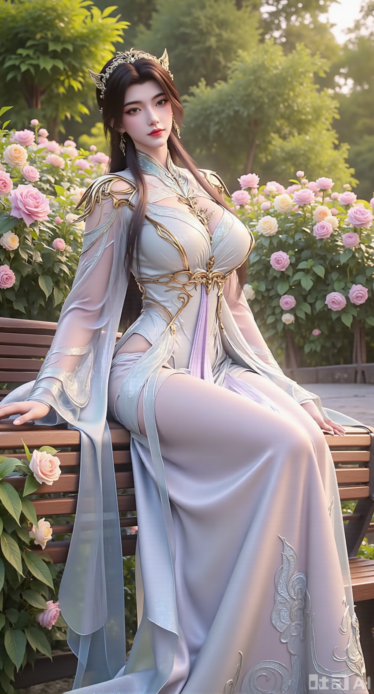 (masterpiece, best quality:1.2),A beauty wearing a pearl hairband dons a long dress, paired with a sheer knitted cardigan and Mary Jane shoes. Leaning on a garden bench filled with macaron - colored flowers,.Sunlight filters through the leaves onto her face, creating a lazy and gentle atmosphere, and her skirt sways softly in the breeze. 8K resolution, detailed texture of knitted fabric, lustrous pearl texture, vivid flower colors, soft natural light, Instagram - style filter texture.,(huge breasts:2.99),(full breasts:2.99),Xzhenxianyingling2,XhenrennvdiX,Xzhenxianyingling,XhenrendadiX