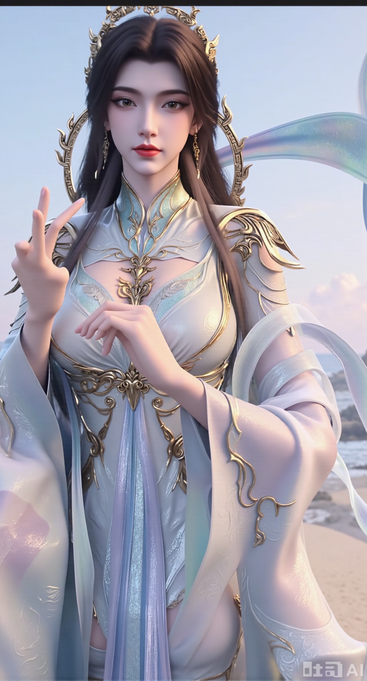 masterpiece, best quality, 1girl,solo,looking at viewer,( outdoor:1.3),sea,beach,realistic,midriff,bare shoulders,standting,hair ornament,long hair,jewelry,long dress,cowboy shot, (huge breasts, full breasts:2.69),Xzhenxianyingling2,XhenrennvdiX,Xzhenxianyingling,XhenrendadiX