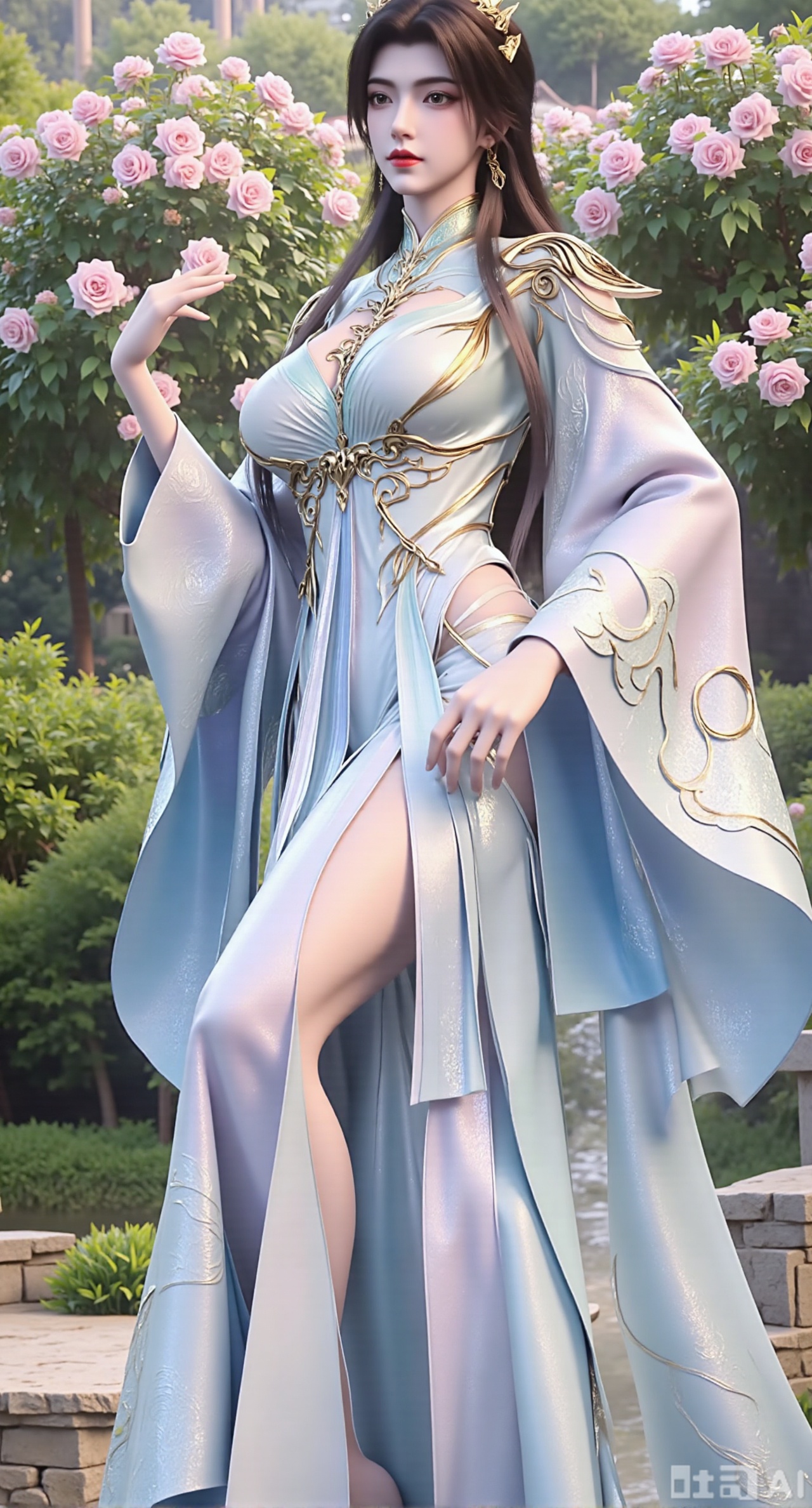 (masterpiece:1.2),best quality,,A woman adorned in traditional Chinese attire,featuring a flowing robe with intricate embroidery and floral accents. A garden filled with pink roses and lush greenery. Soft pastel hues of white,blue,and green,creating a serene atmosphere. Photorealistic photography.,,(huge breasts:2.99),(full breasts:2.99),Xzhenxianyingling2,XhenrennvdiX,Xzhenxianyingling,XhenrendadiX
