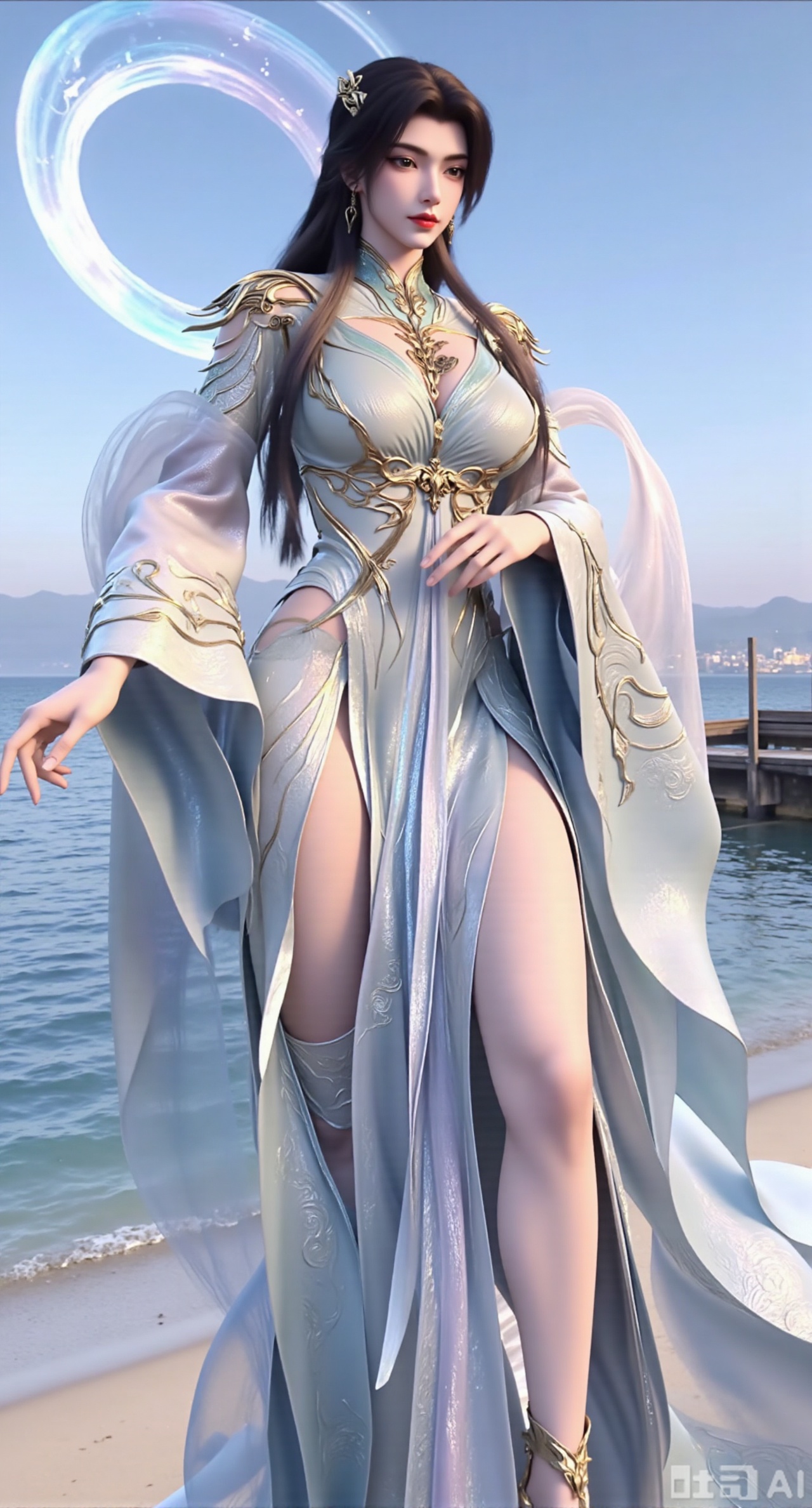 masterpiece, best quality, 1girl,solo,looking at viewer,( outdoor:1.3),sea,beach,realistic,midriff,bare shoulders,standting,hair ornament,long hair,jewelry,long dress,cowboy shot, (huge breasts, full breasts:2.69),Xzhenxianyingling2,XhenrennvdiX,Xzhenxianyingling,XhenrendadiX