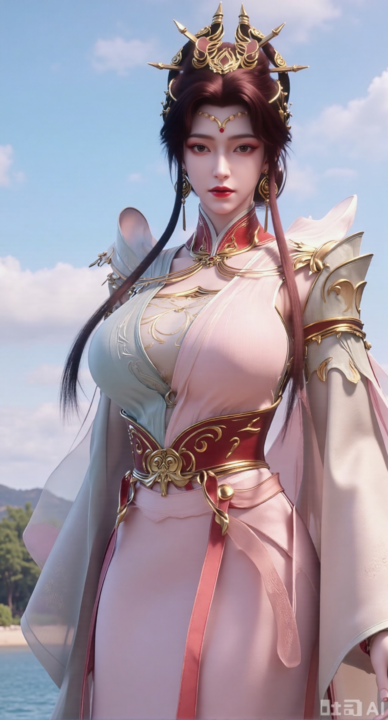 masterpiece, best quality, 1girl,solo,looking at viewer,( outdoor:1.3),sea,beach,realistic,midriff,bare shoulders,standting,hair ornament,long hair,jewelry,long dress,cowboy shot, (huge breasts, full breasts:2.69),Xzhenxianyingling2,XhenrennvdiX,Xzhenxianyingling,XhenrendadiX