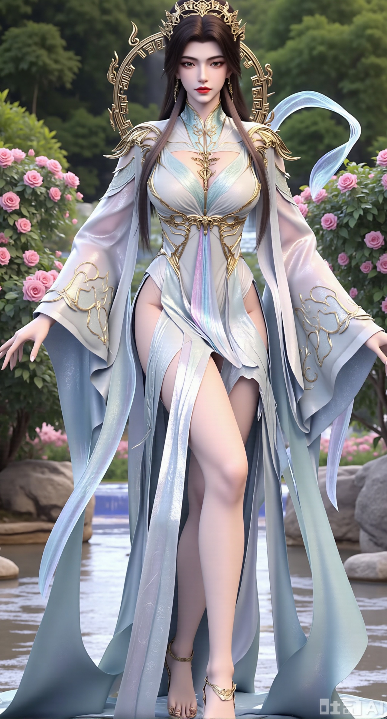 (masterpiece:1.2),best quality,,A woman adorned in traditional Chinese attire,featuring a flowing robe with intricate embroidery and floral accents. A garden filled with pink roses and lush greenery. Soft pastel hues of white,blue,and green,creating a serene atmosphere. Photorealistic photography.,,(huge breasts:2.99),(full breasts:2.99),Xzhenxianyingling2,XhenrennvdiX,Xzhenxianyingling,XhenrendadiX