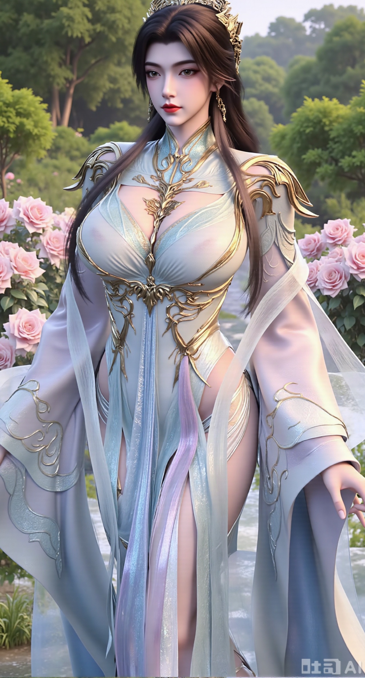 (masterpiece:1.2),best quality,,A woman adorned in traditional Chinese attire,featuring a flowing robe with intricate embroidery and floral accents. A garden filled with pink roses and lush greenery. Soft pastel hues of white,blue,and green,creating a serene atmosphere. Photorealistic photography.,,(huge breasts:2.99),(full breasts:2.99),Xzhenxianyingling2,XhenrennvdiX,Xzhenxianyingling,XhenrendadiX