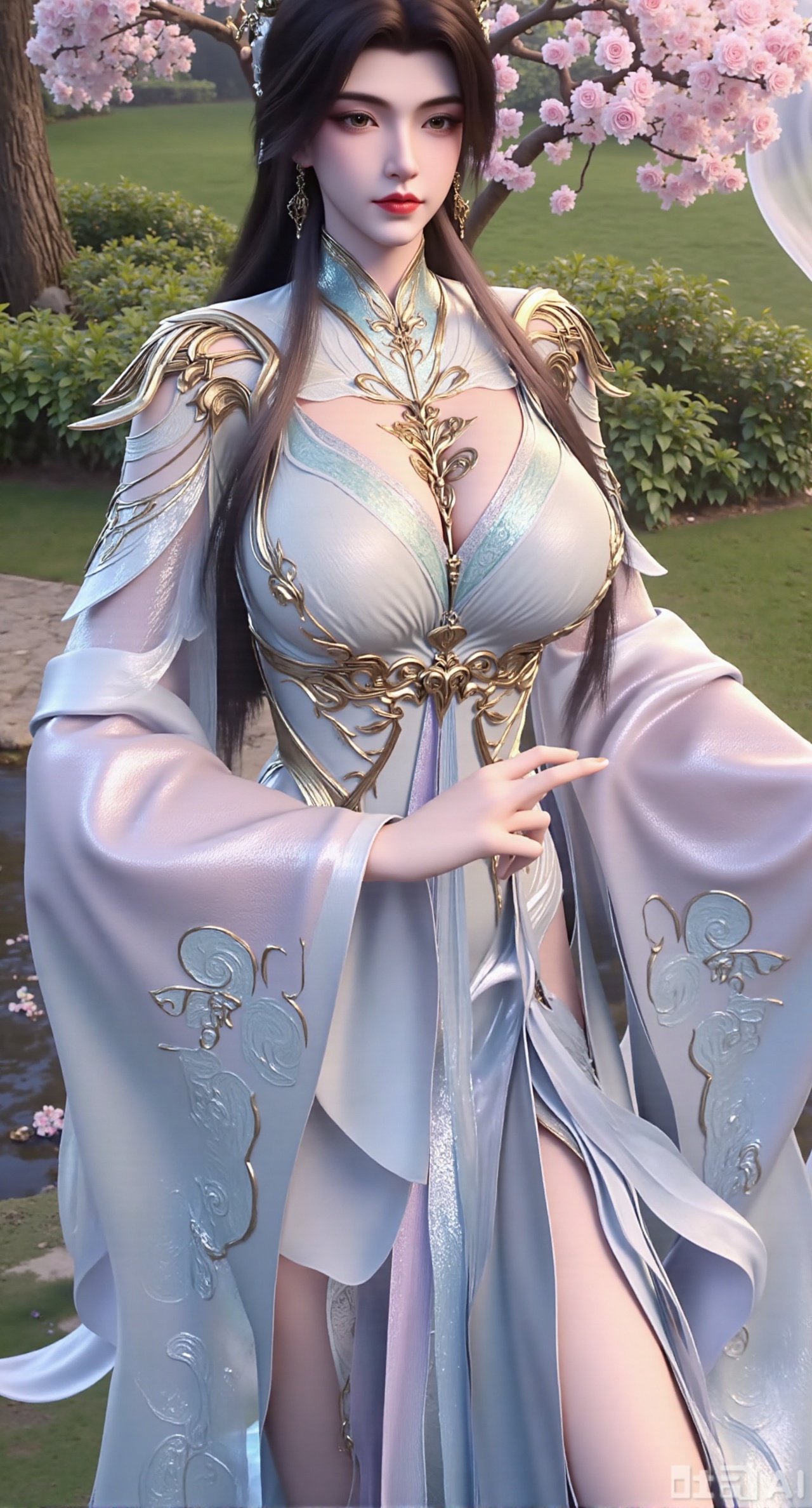 (masterpiece:1.2),best quality,,A woman adorned in traditional Chinese attire,featuring a flowing robe with intricate embroidery and floral accents. A garden filled with pink roses and lush greenery. Soft pastel hues of white,blue,and green,creating a serene atmosphere. Photorealistic photography.,,(huge breasts:2.99),(full breasts:2.99),Xzhenxianyingling2,XhenrennvdiX,Xzhenxianyingling,XhenrendadiX