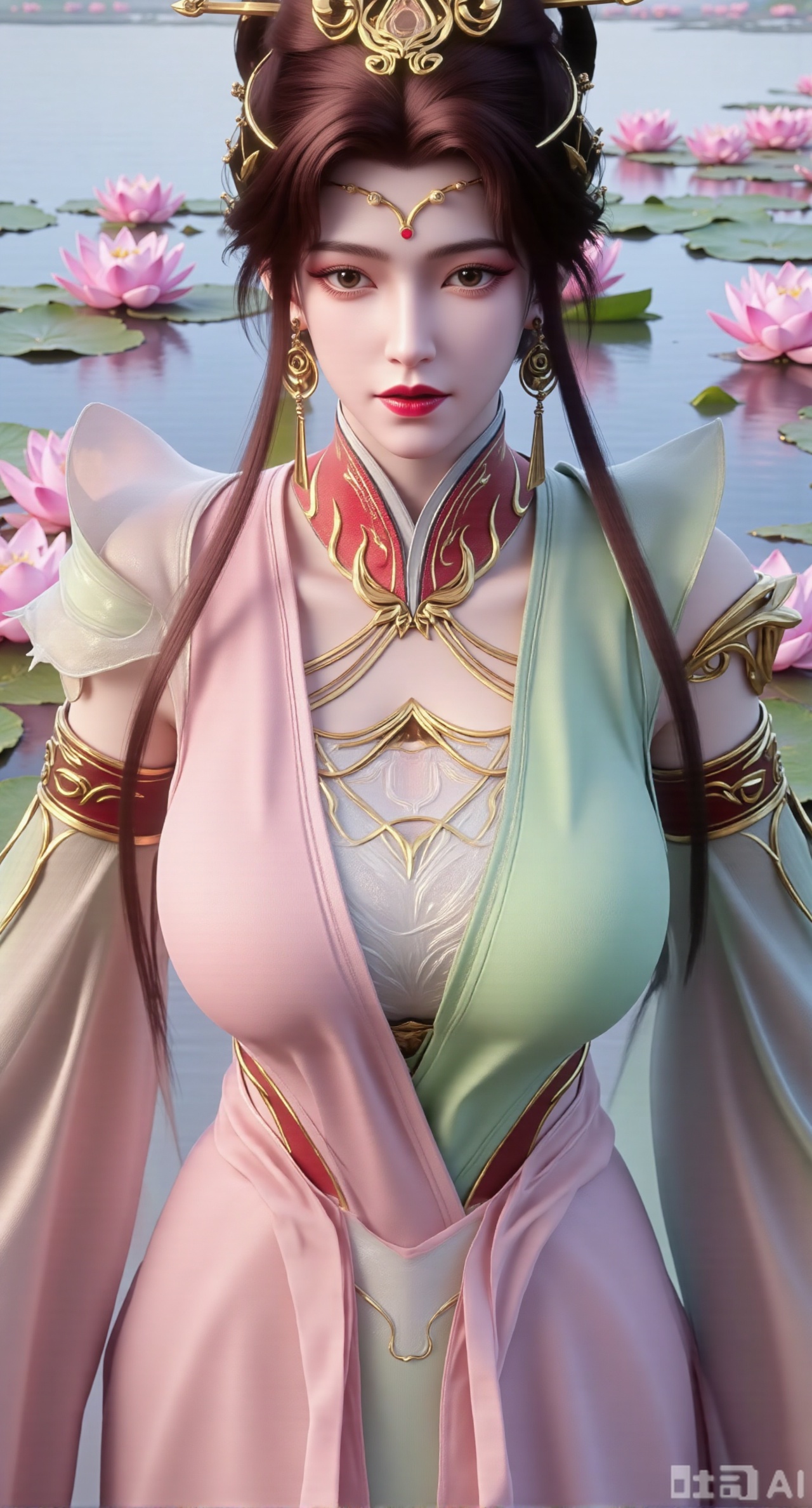 (masterpiece, best quality:1.2),1girl, navel, solo, midriff, bare shoulders, hair ornament,(long hair),(High double ponytail:1.49), red lips, BREAK, (looking at viewer:1.39), chinese clothes,(Holographic pink|green dress:1.36), (lace,Rainbow Gradient Color:1.28), BREAK,blurry, solo focus, long hair, lips, daytime, lipstick, outdoors, standing,upper body,(huge breasts:2.89), background, solo, makeup,(Liquid glass style flowers:1.49),(huge breasts:2.99),(full breasts:2.99),,(Background with lotus pond and pink lotus flowers:1.39),Xzhenxianyingling2,XhenrennvdiX,Xzhenxianyingling,XhenrendadiX