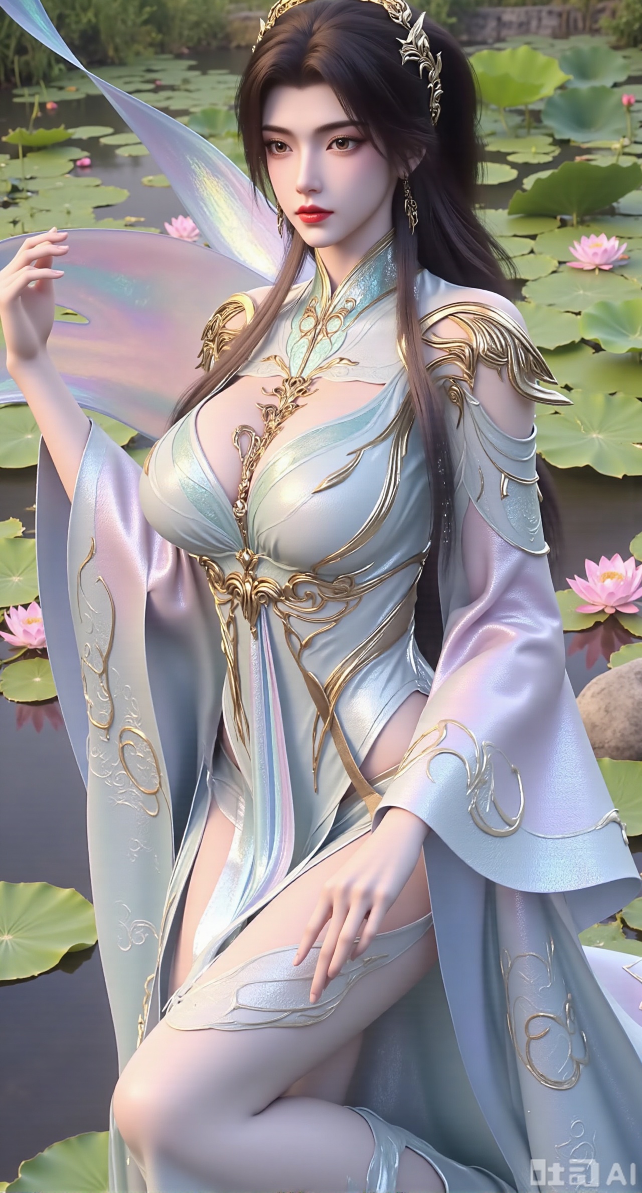 (masterpiece, best quality:1.2),1girl, navel, solo, midriff, bare shoulders, hair ornament,(long hair),(High double ponytail:1.49), red lips, BREAK, (looking at viewer:1.39), chinese clothes,(Holographic pink|green dress:1.36), (lace,Rainbow Gradient Color:1.28), BREAK,blurry, solo focus, long hair, lips, daytime, lipstick, outdoors, standing,upper body,(huge breasts:2.89), background, solo, makeup,(Liquid glass style flowers:1.49),(huge breasts:2.99),(full breasts:2.99),,(Background with lotus pond and pink lotus flowers:1.39),Xzhenxianyingling2,XhenrennvdiX,Xzhenxianyingling,XhenrendadiX