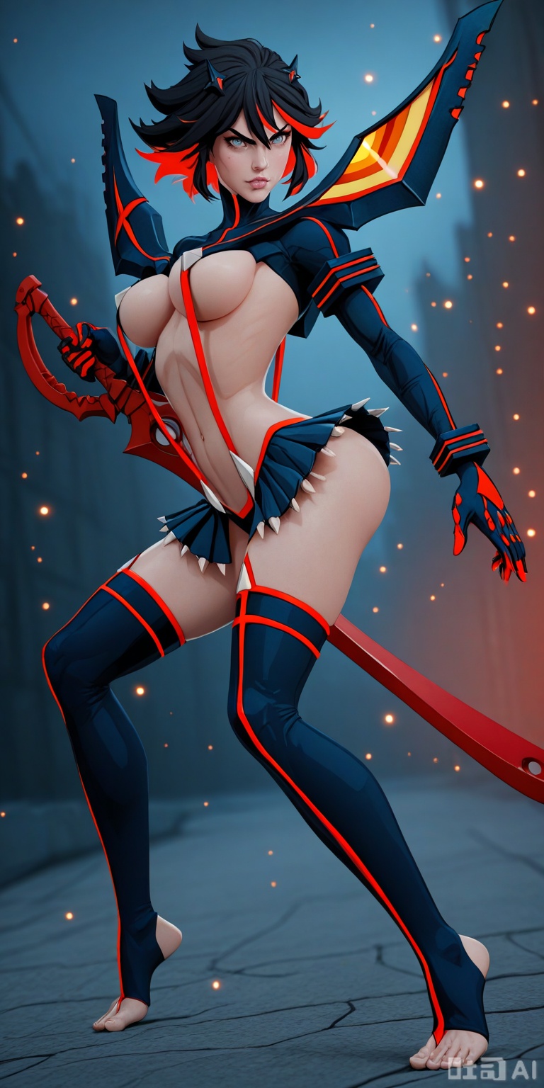 masterpiece, best quality, 1girl
large breasts. solo, absurdres, breasts, matoidg, attack, fighting stance, holding
sword, barefoot, toeless legwear, wardrobe malfunction, night, science fiction, from side, blocking a kick with forearm, defensive stance, determined scowl,, glowing, light particles, blurry background,:SmoothQuality,MATOIDG.,BLUE EYES, BLACK HAIR, RED HAIR,MULTICOLORED HAIR, THIGHBOOTS,SUSPENDERS, REVEALING CLOTHES,ARMOR,MICRO SKIRT.,MATOIDG.,DETAILED, INTRICATE, SOFT SHADING,DETAILED TEXTURES,MATOIDG.,HYPER-DETAILED,3D,,MATOIDG. 