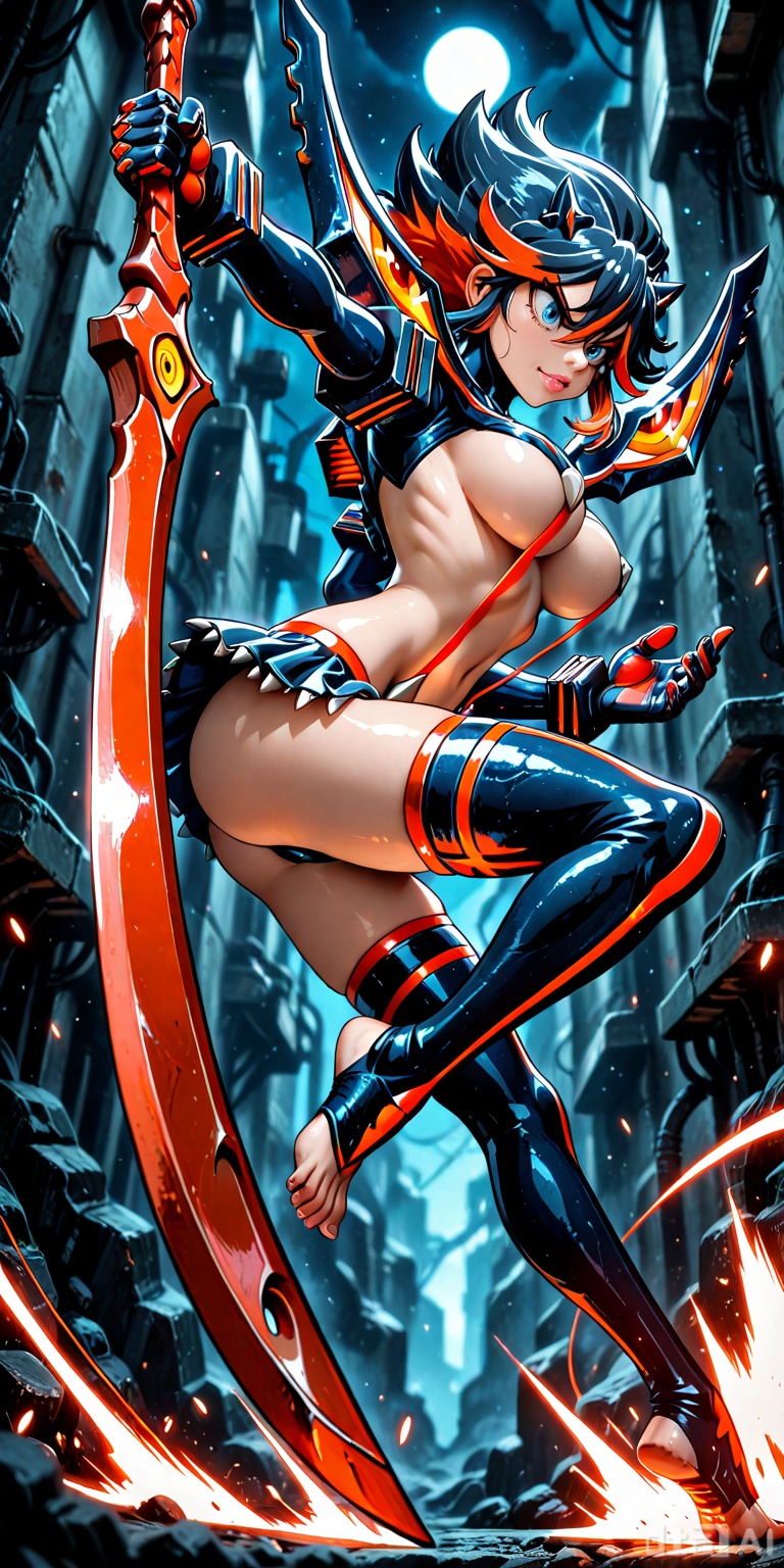 masterpiece, best quality, 1girl
large breasts. solo, absurdres, breasts, matoidg, attack, fighting stance, holding
sword, barefoot, toeless legwear, wardrobe malfunction, night, science fiction, from side, blocking a kick with forearm, defensive stance, determined scowl,, glowing, light particles, blurry background,:SmoothQuality,MATOIDG.,BLUE EYES, BLACK HAIR, RED HAIR,MULTICOLORED HAIR, THIGHBOOTS,SUSPENDERS, REVEALING CLOTHES,ARMOR,MICRO SKIRT.,MATOIDG.,DETAILED, INTRICATE, SOFT SHADING,DETAILED TEXTURES