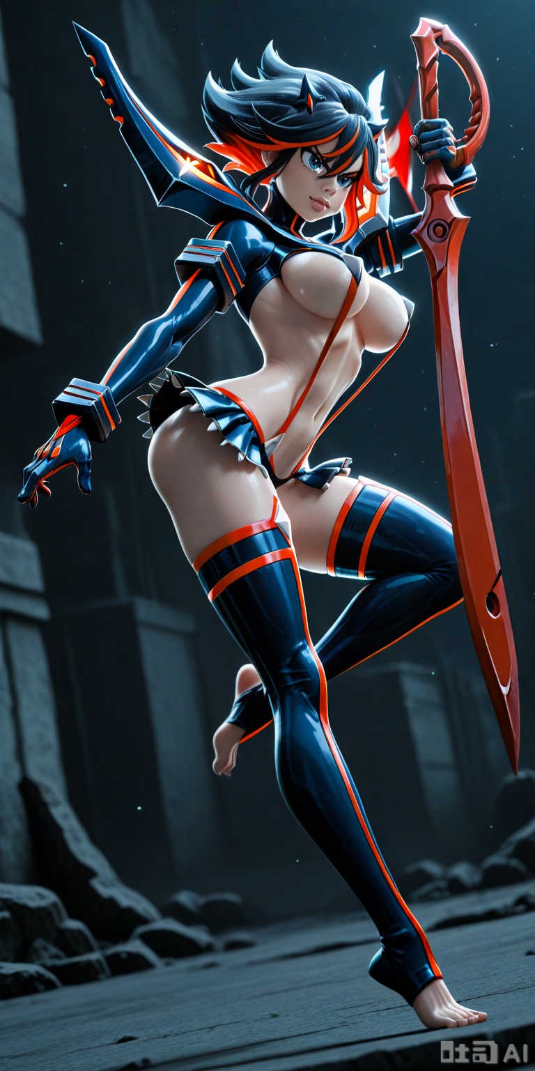 masterpiece, best quality, 1girl
large breasts. solo, absurdres, breasts, matoidg, attack, fighting stance, holding
sword, barefoot, toeless legwear, wardrobe malfunction, night, science fiction, from side, blocking a kick with forearm, defensive stance, determined scowl,, glowing, light particles, blurry background,:SmoothQuality,MATOIDG.,BLUE EYES, BLACK HAIR, RED HAIR,MULTICOLORED HAIR, THIGHBOOTS,SUSPENDERS, REVEALING CLOTHES,ARMOR,MICRO SKIRT.,MATOIDG.,DETAILED, INTRICATE, SOFT SHADING,DETAILED TEXTURES,MATOIDG.,HYPER-DETAILED,3D,