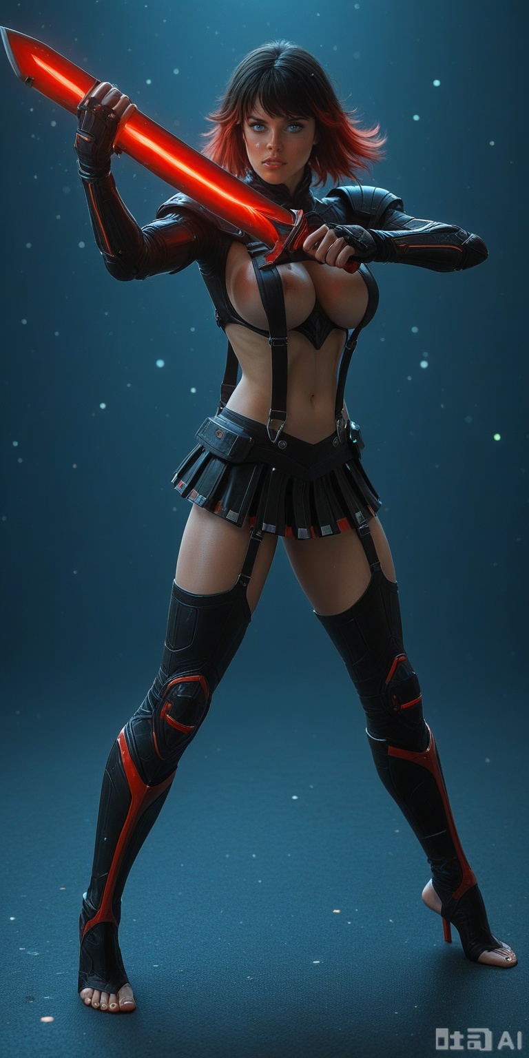 masterpiece, best quality, 1girl
large breasts. solo, absurdres, breasts, matoidg, attack, fighting stance, holding
sword, barefoot, toeless legwear, wardrobe malfunction, night, science fiction, from side, blocking a kick with forearm, defensive stance, determined scowl,, glowing, light particles, blurry background,:SmoothQuality,MATOIDG.,BLUE EYES, BLACK HAIR, RED HAIR,MULTICOLORED HAIR, THIGHBOOTS,SUSPENDERS, REVEALING CLOTHES,ARMOR,MICRO SKIRT.,MATOIDG.,DETAILED, INTRICATE, SOFT SHADING,DETAILED TEXTURES,MATOIDG.,HYPER-DETAILED,3D,,MATOIDG. 