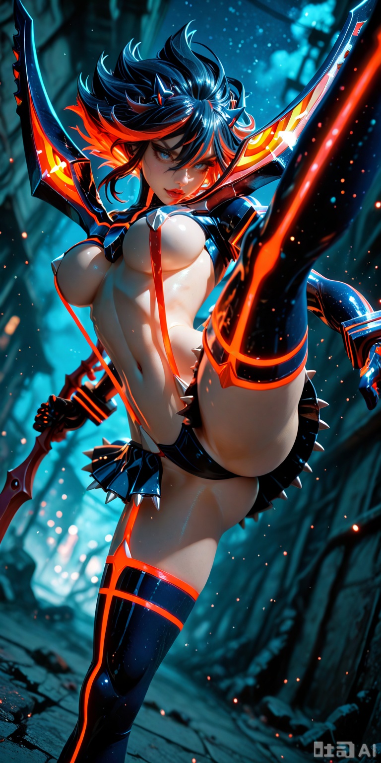 masterpiece, best quality, 1girl, solo, absurdres, large breasts, matoidg, attack, fighting stance, barefoot, night, science fiction, dutch angle, ducking under a high kick, barely avoiding impact, intense close-up,, glowing, light particles, blurry background, embedding:crisp,MATOIDG.,BLUE EYES, BLACK HAIR, RED HAIR,MULTICOLORED HAIR, THIGHBOOTS,SUSPENDERS, REVEALING CLOTHES,ARMOR,MICRO SKIRT.,HYPER-DETAILED,3D,,MATOIDG., INTRICATE, SOFT SHADING,DETAILED TEXTURES