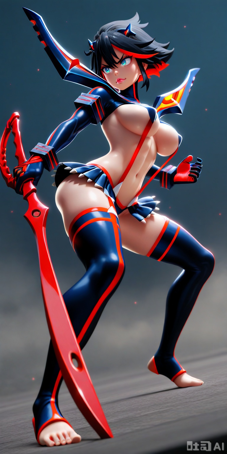 masterpiece, best quality, 1girl
large breasts. solo, absurdres, breasts, matoidg, attack, fighting stance, holding
sword, barefoot, toeless legwear, wardrobe malfunction, night, science fiction, from side, blocking a kick with forearm, defensive stance, determined scowl,, glowing, light particles, blurry background,:SmoothQuality,MATOIDG.,BLUE EYES, BLACK HAIR, RED HAIR,MULTICOLORED HAIR, THIGHBOOTS,SUSPENDERS, REVEALING CLOTHES,ARMOR,MICRO SKIRT.,MATOIDG.,DETAILED, INTRICATE, SOFT SHADING,DETAILED TEXTURES,MATOIDG.,HYPER-DETAILED,3D,