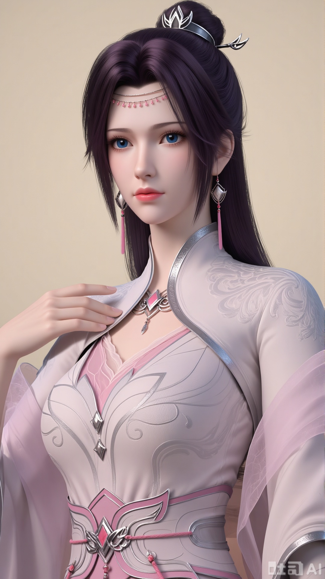 Realistic style, close-up of the upper body, one girl, delicate hands, single figure, long hair, jewelry, black hair, earrings, dress, pink dress, hair accessories. Blue eyes, eyelashes, delicate eyes, hair bun, Chinese-style clothing, crown, single hair bun, forehead ornament, waist belt, necklace, purple hair, pink dress, wide sleeves. Real, pure beige background. Bright. Full of natural light. Light and shadow.