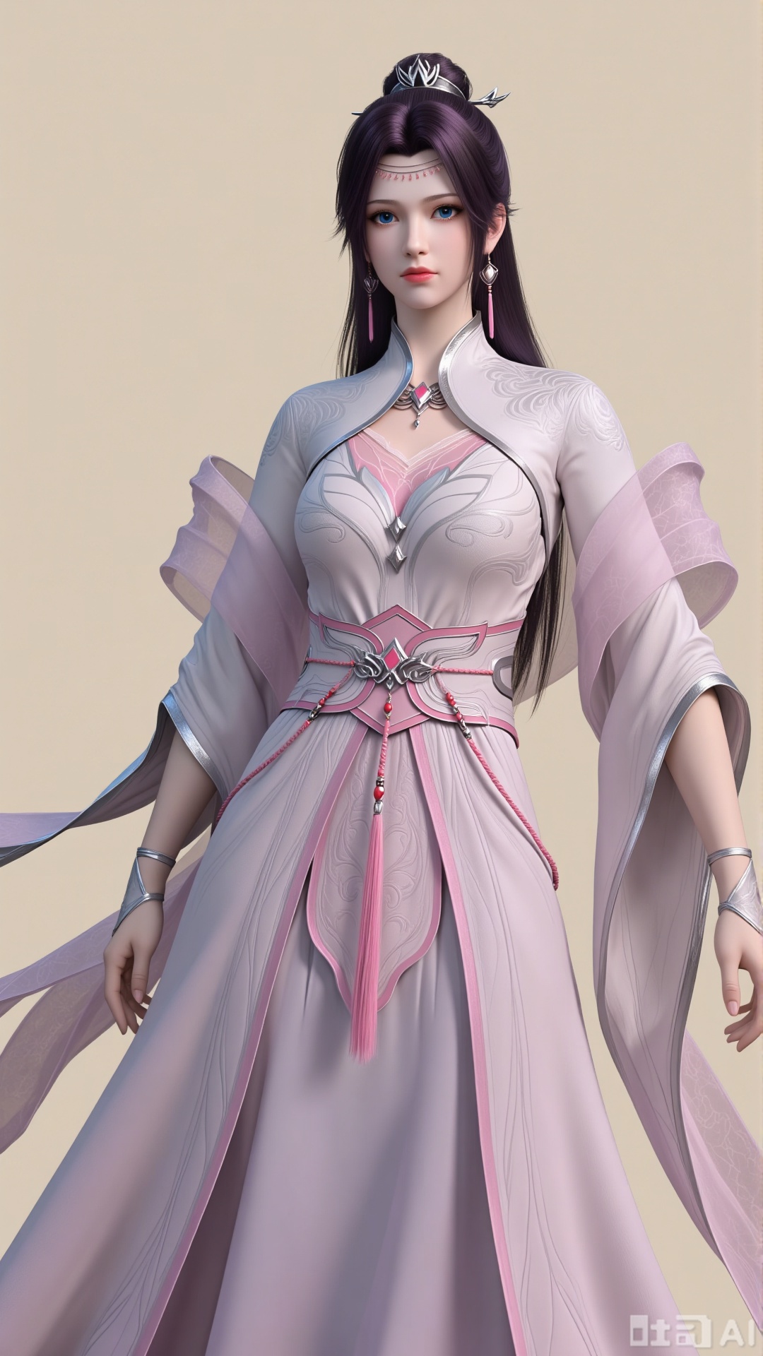 Realistic style, close-up of the upper body, one girl, delicate hands, single figure, long hair, jewelry, black hair, earrings, dress, pink dress, hair accessories. Blue eyes, eyelashes, delicate eyes, hair bun, Chinese-style clothing, crown, single hair bun, forehead ornament, waist belt, necklace, purple hair, pink dress, wide sleeves. Real, pure beige background. Bright. Full of natural light. Light and shadow.