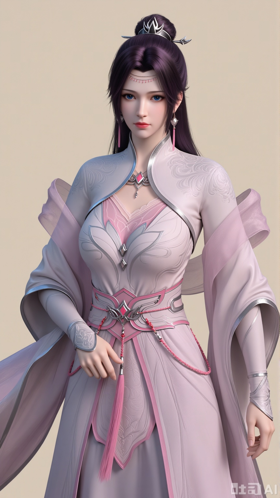 Realistic style, close-up of the upper body, one girl, delicate hands, single figure, long hair, jewelry, black hair, earrings, dress, pink dress, hair accessories. Blue eyes, eyelashes, delicate eyes, hair bun, Chinese-style clothing, crown, single hair bun, forehead ornament, waist belt, necklace, purple hair, pink dress, wide sleeves. Real, pure beige background. Bright. Full of natural light. Light and shadow.