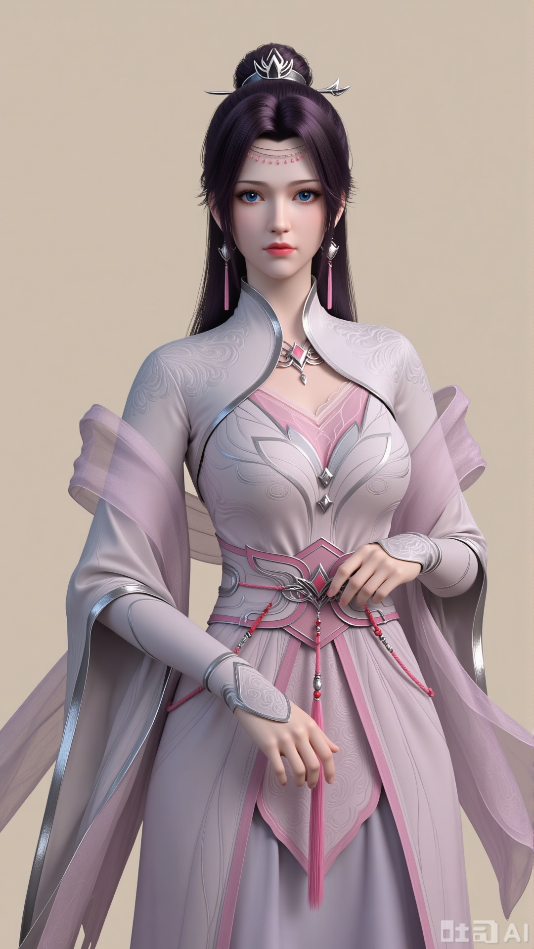 Realistic style, close-up of the upper body, one girl, delicate hands, single figure, long hair, jewelry, black hair, earrings, dress, pink dress, hair accessories. Blue eyes, eyelashes, delicate eyes, hair bun, Chinese-style clothing, crown, single hair bun, forehead ornament, waist belt, necklace, purple hair, pink dress, wide sleeves. Real, pure beige background. Bright. Full of natural light. Light and shadow.