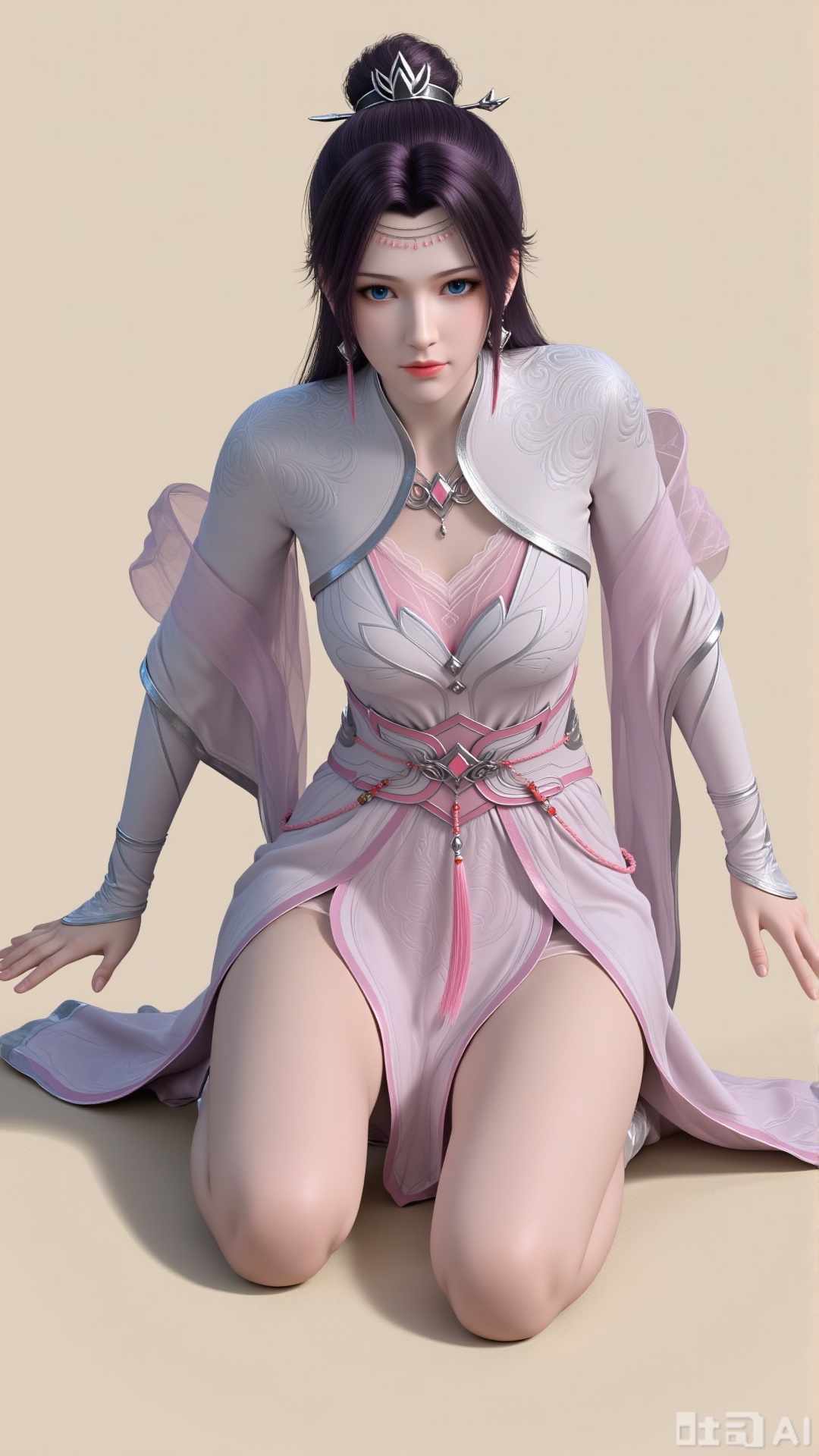 Realistic style, front view, one girl kneeling on the ground with legs bent, soles of feet facing each other, buttocks touching the ground, hands naturally hanging down to support the ground, delicate hands, single figure, long hair, jewelry, black hair, earrings, dress, pink dress, hair accessories. Blue eyes, eyelashes, delicate eyes, hair bun, Chinese-style clothing, crown, single hair bun, forehead ornament, waist belt, necklace, purple hair, pink dress, slit skirt, legs exposed, wide sleeves. Real, pure beige background. Bright. Full of natural light. Light and shadow.