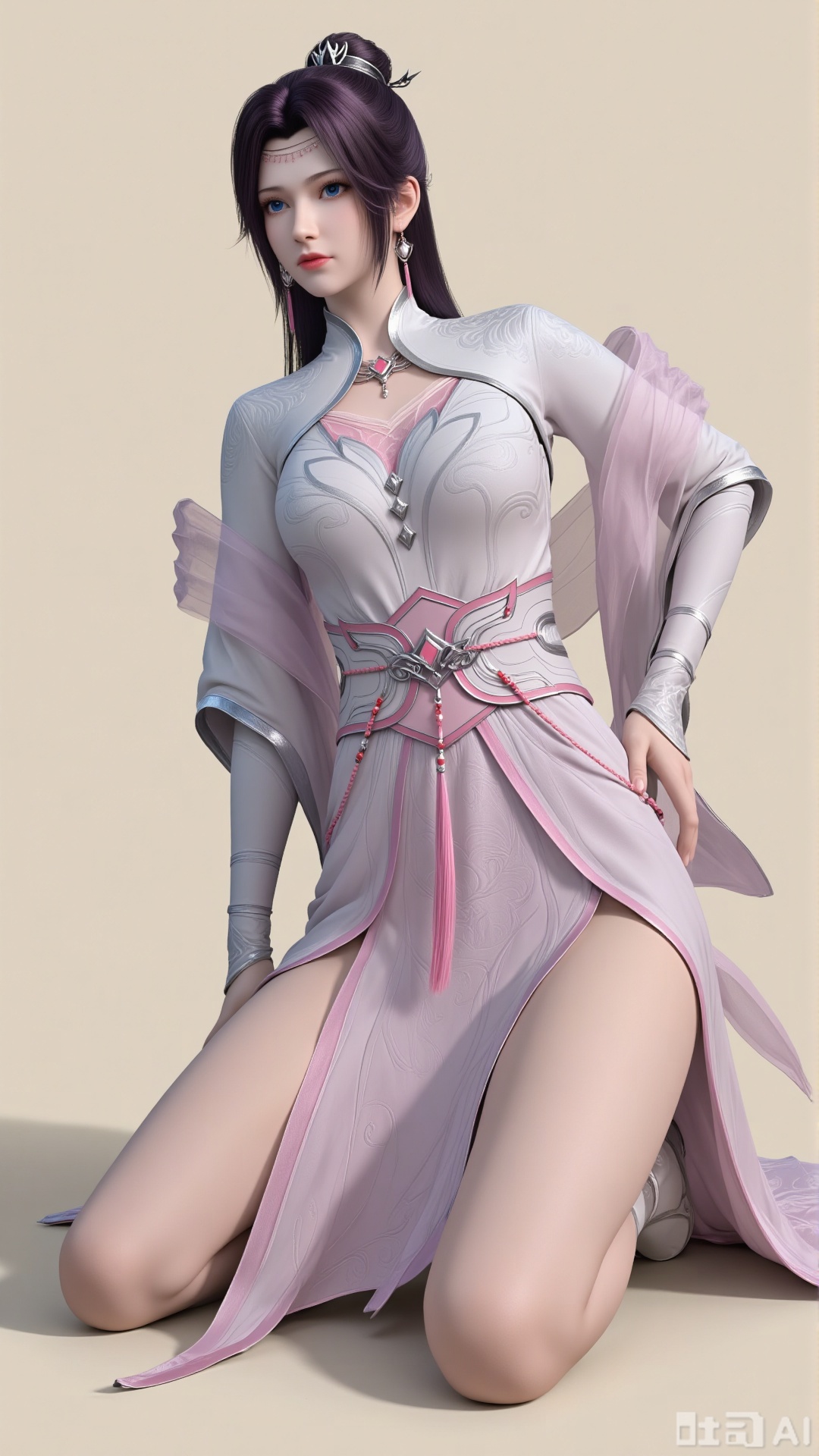 Realistic style, one girl kneeling on the ground, bending forward, with all limbs touching the ground, legs bent, buttocks on the ground, hands hanging down naturally to support the ground, delicate hands, single figure, long hair, jewelry, black hair, earrings, dress, pink dress, hair accessories. Blue eyes, eyelashes, delicate eyes, hair bun, Chinese-style clothing, crown, single hair bun, forehead ornament, waist belt, necklace, purple hair, pink dress, slit skirt, legs exposed, wide sleeves. Real, pure beige background. Bright. Full of natural light. Light and shadow.