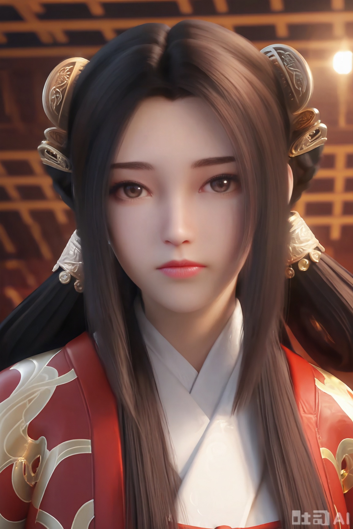 1girl, solo, long hair, looking at viewer, brown hair, black hair, hair ornament, closed mouth, upper body, chinese clothes,, expressionless,indoors,Semi_Realistic,
masterpiece, 8k, hd, amazing quality, best quality, high resolution, goldenfieldszho, newest, very aesthetic, ultra-detailed, absurdres, perfect lighting, volumetric lighting, (good shadowing), depth of field, lens flare, scenery, amazing aesthetics, cinematic lighting, cinematic, shading, counter_shading, ,handsome,interesting,good colors, 