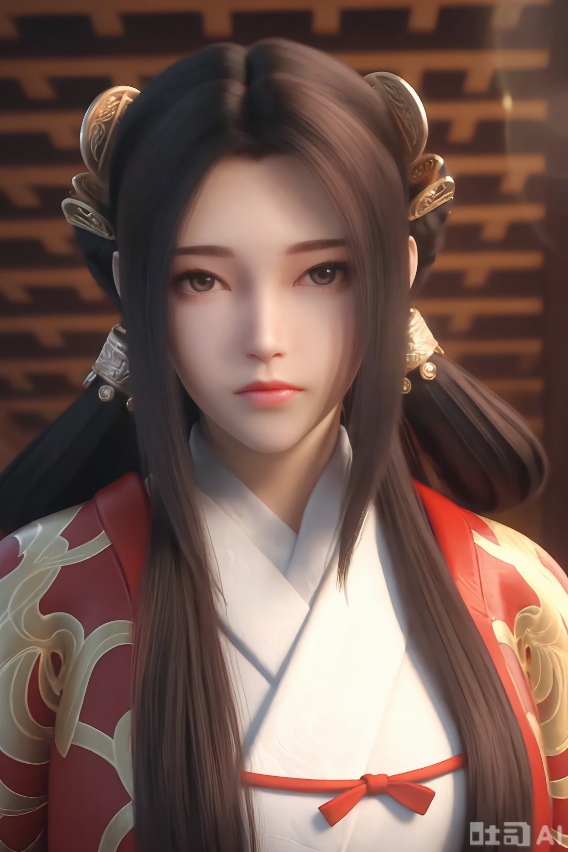 1girl, solo, long hair, looking at viewer, brown hair, black hair, hair ornament, closed mouth, upper body, chinese clothes,, expressionless,indoors,Semi_Realistic,
masterpiece, 8k, hd, amazing quality, best quality, high resolution, goldenfieldszho, newest, very aesthetic, ultra-detailed, absurdres, perfect lighting, volumetric lighting, (good shadowing), depth of field, lens flare, scenery, amazing aesthetics, cinematic lighting, cinematic, shading, counter_shading, ,handsome,interesting,good colors, 