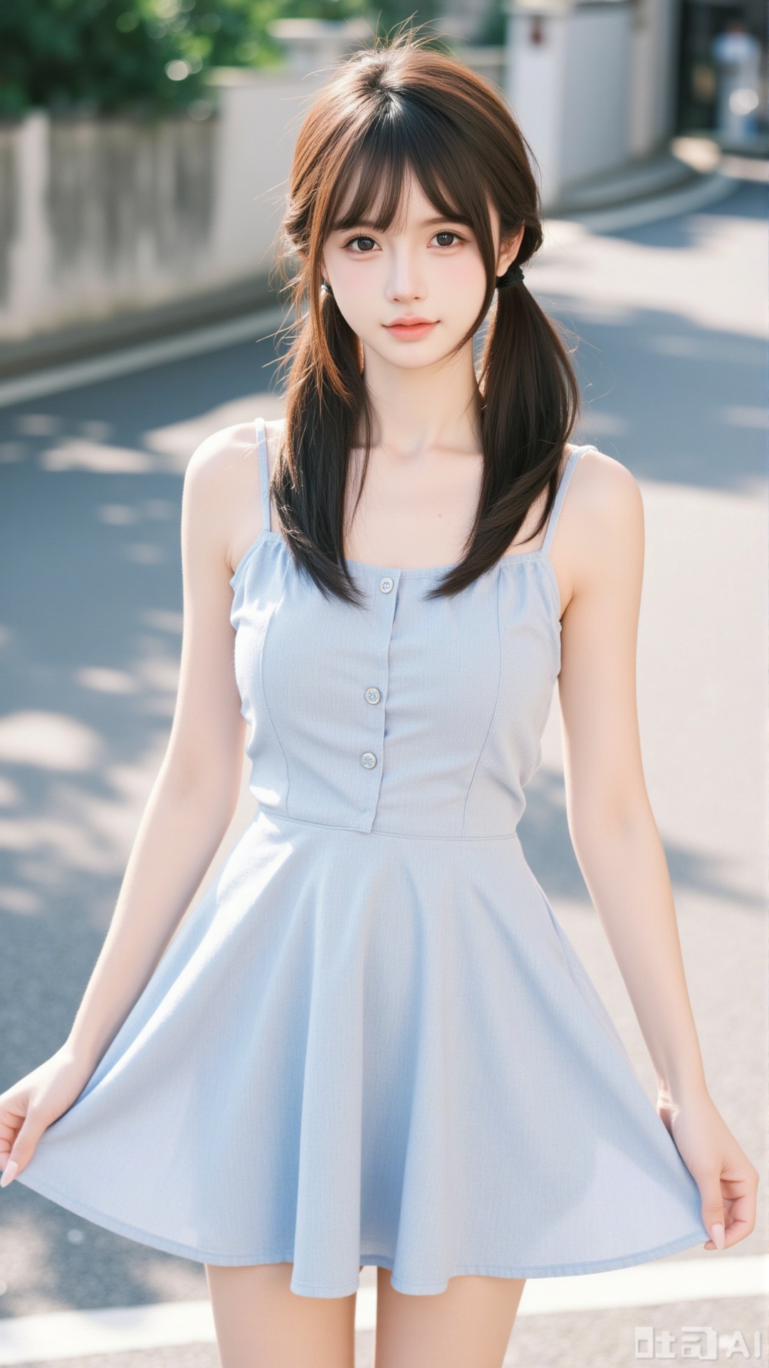 1 girl, brunette, double ponytails, outdoor, light and shadow,tianmei_realistic