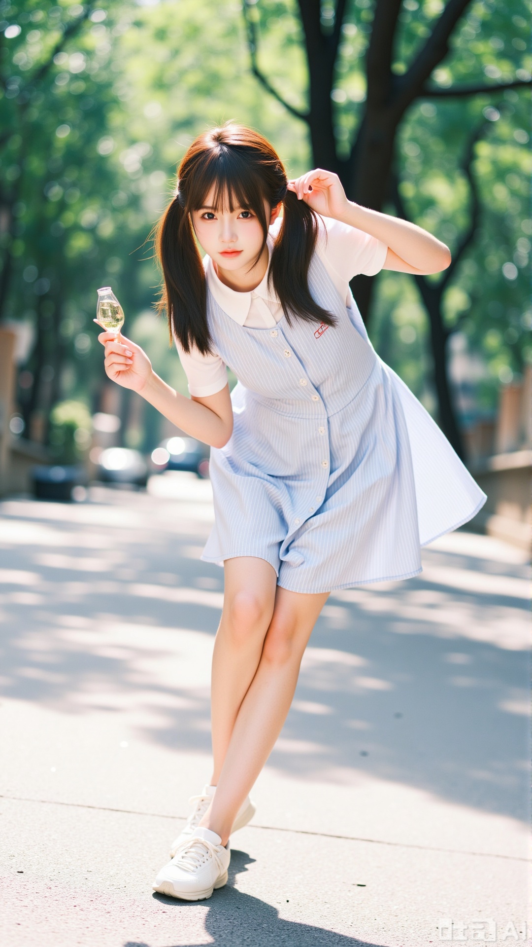 1 girl, brunette, double ponytails, outdoor, light and shadow,tianmei_realistic