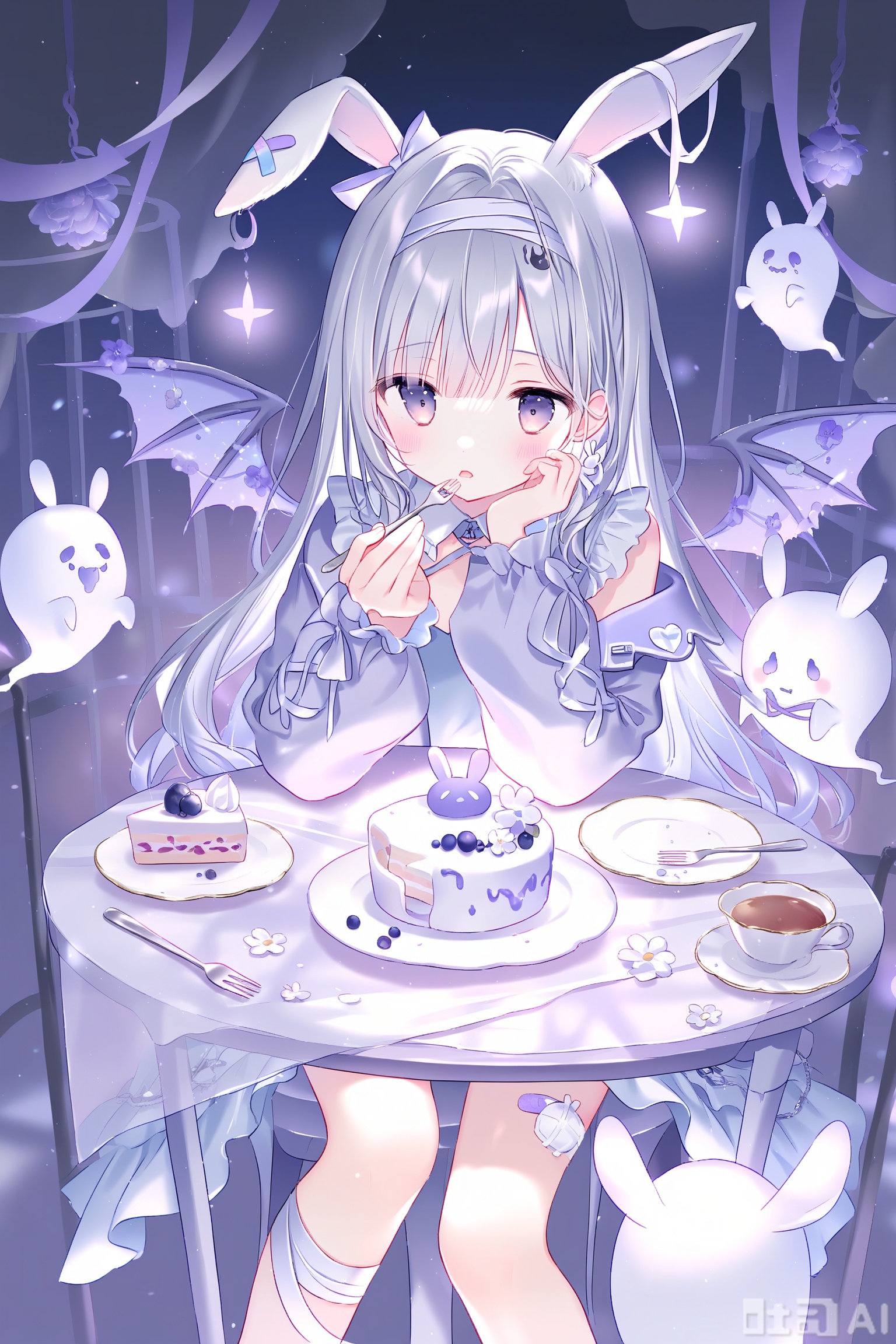 1girl, cake, food, table, solo, fork, flower, ghost, sitting, virtual_youtuber, grey_hair, animal_ears, holding, long_hair, purple_eyes, cake_slice, plate, holding_fork, long_sleeves, wings, dress, jacket, rabbit_ears, bandaged_leg, stuffed_toy, hairband