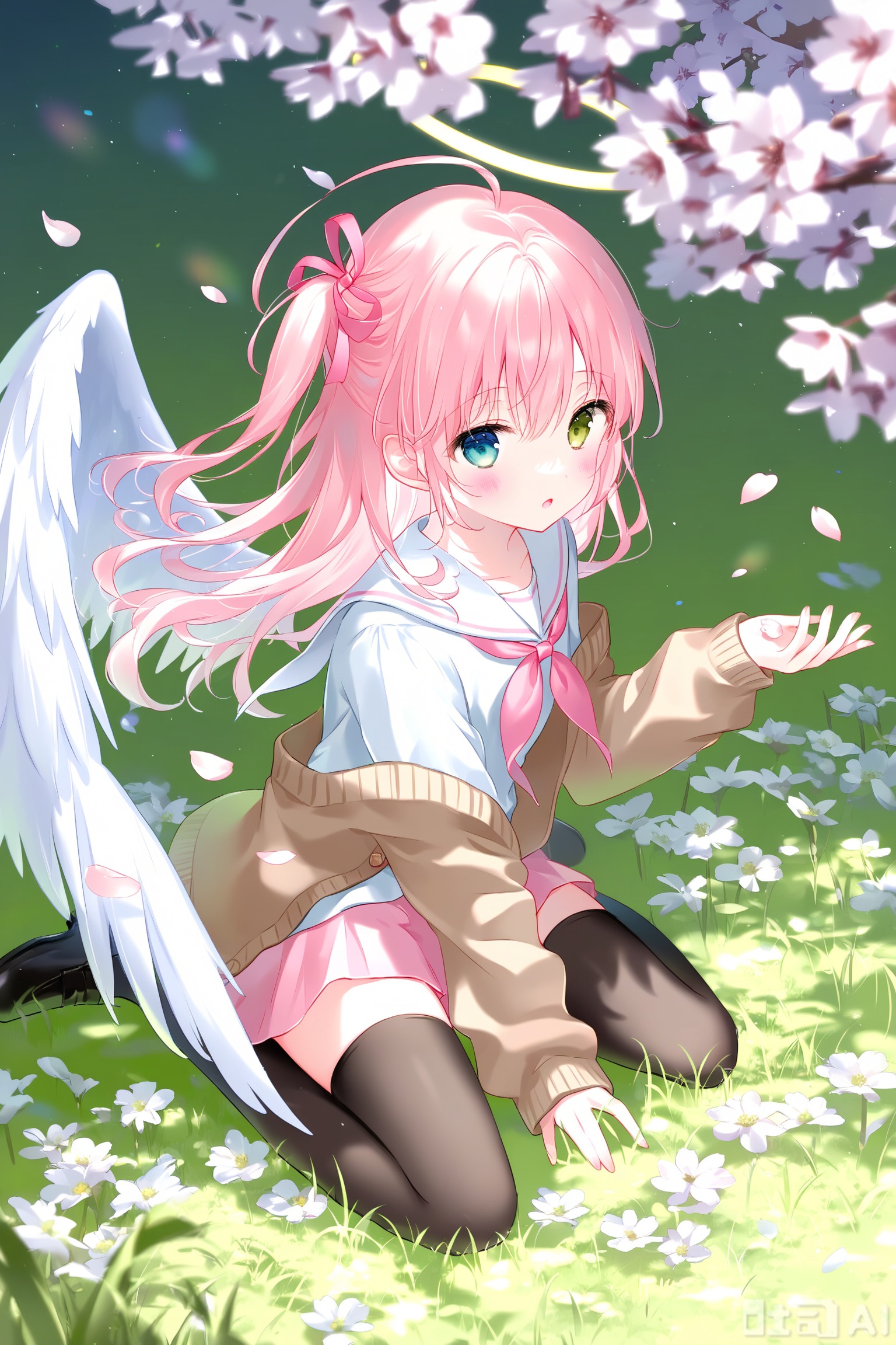 cherry_blossoms, heterochromia, 1girl, solo, pink_skirt, open_cardigan, skirt, neckerchief, animal_ears, sailor_collar, cardigan, halo, thighhighs, wings, hair_ornament, school_uniform, pleated_skirt, petals, blue_eyes, serafuku, flower, white_sailor_collar, green_eyes, black_thighhighs, long_sleeves, :o, hair_flower, looking_at_viewer, grass, shirt, open_clothes, pink_neckerchief, sitting, angel_wings, pink_hair, falling_petals, brown_cardigan, white_shirt, feathered_wings, hair_between_eyes, nail_polish, blush, ahoge, arm_up, outdoors, white_wings, zettai_ryouiki