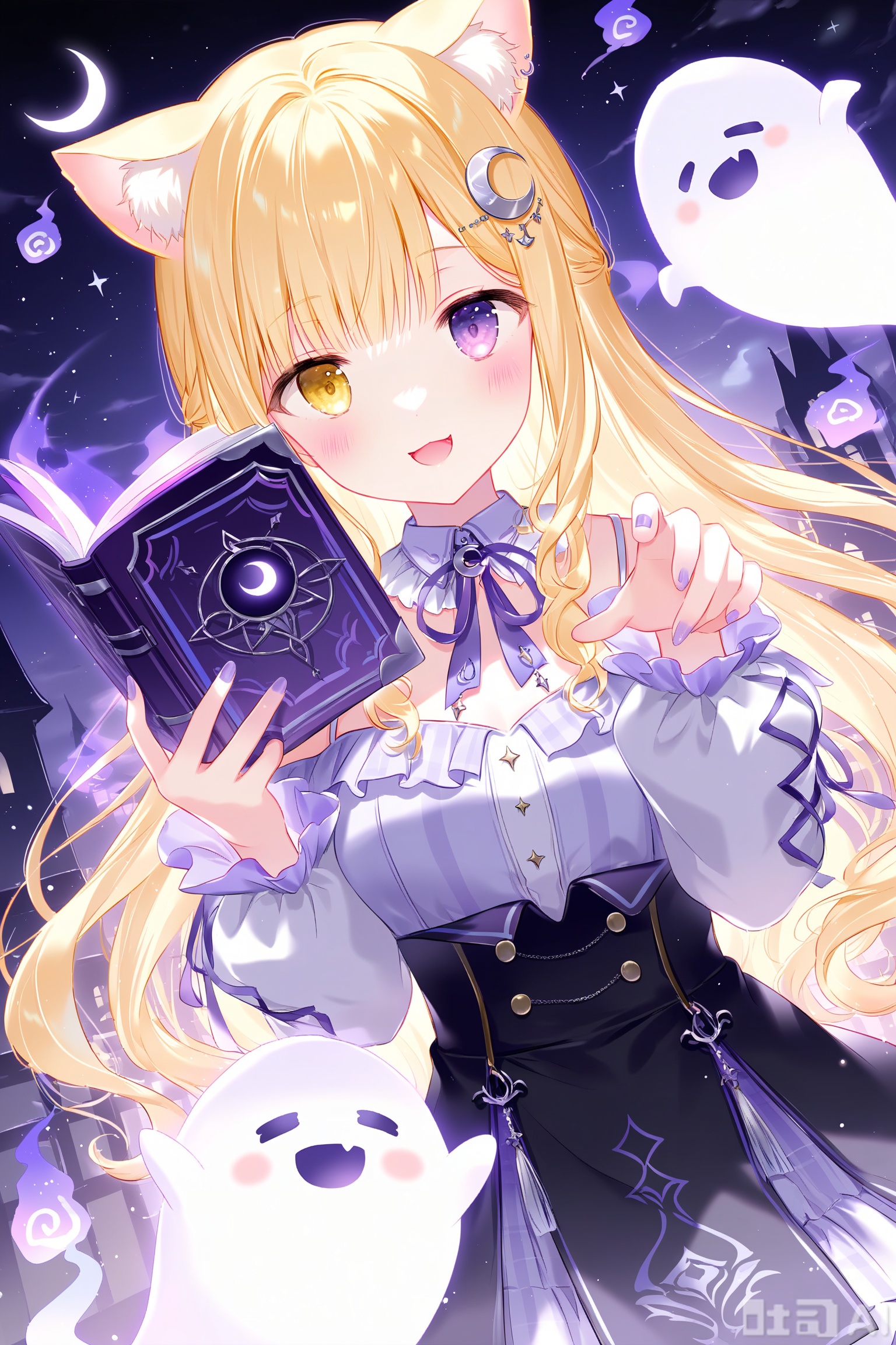 1girl, animal_ears, heterochromia, ghost, long_hair, book, virtual_youtuber, holding, hair_ornament, cat_ears, blonde_hair, solo, smile, purple_eyes, animal_ear_fluff, looking_at_viewer, dutch_angle, crescent_hair_ornament, purple_nails, holding_book, blush, long_sleeves, open_book
