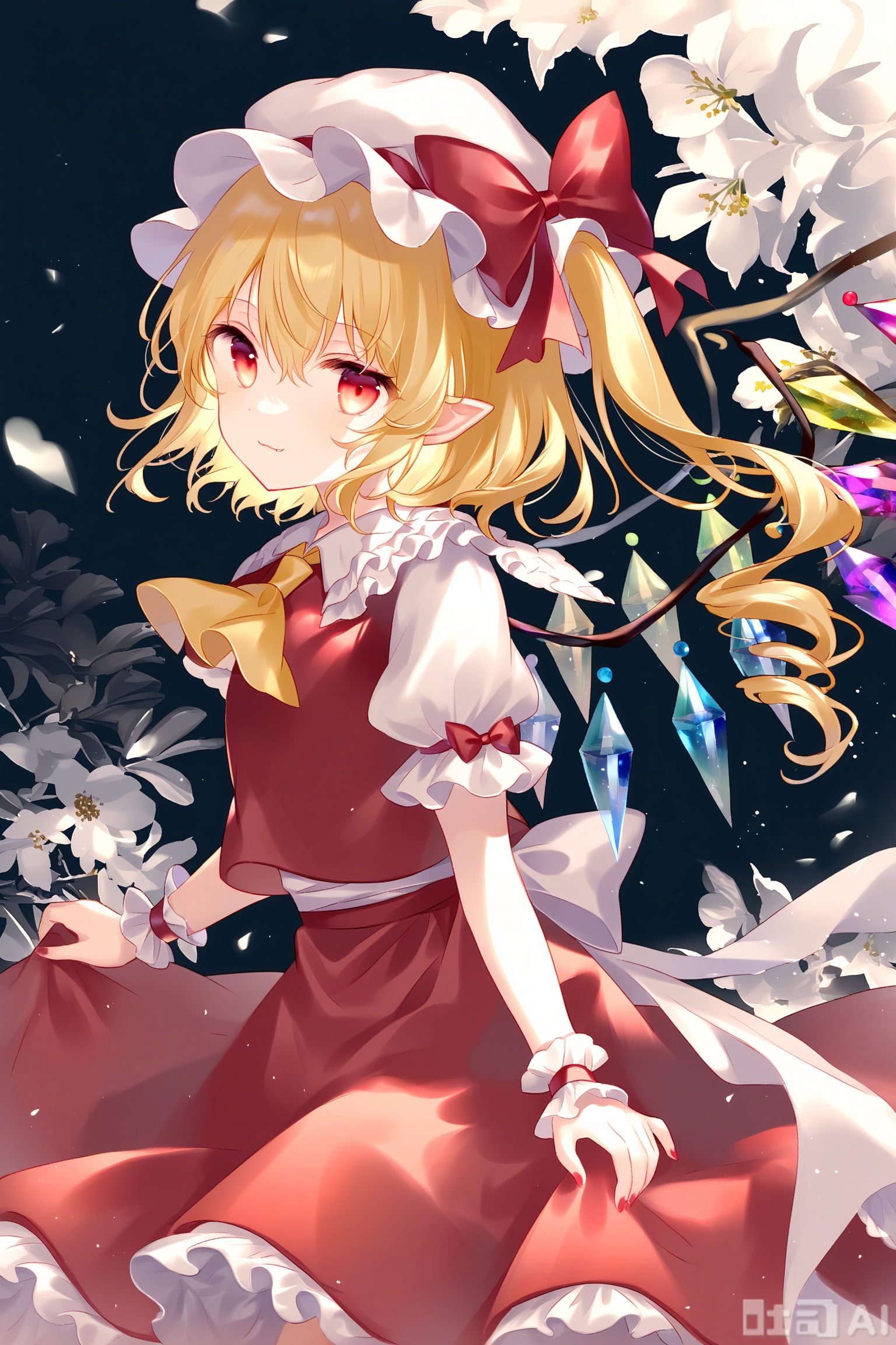 1girl, flandre_scarlet, solo, red_eyes, hat, wings, red_nails, skirt, blonde_hair, mob_cap, flower, pointy_ears, crystal, ascot, red_vest, yellow_ascot, red_skirt, floral_background, vest, short_sleeves, wrist_cuffs, white_headwear, shirt, puffy_sleeves, white_shirt, smile, bow, looking_at_viewer, red_flower, puffy_short_sleeves, frills, one_side_up, closed_mouth, nail_polish, red_bow, black_background, hat_bow, skirt_hold