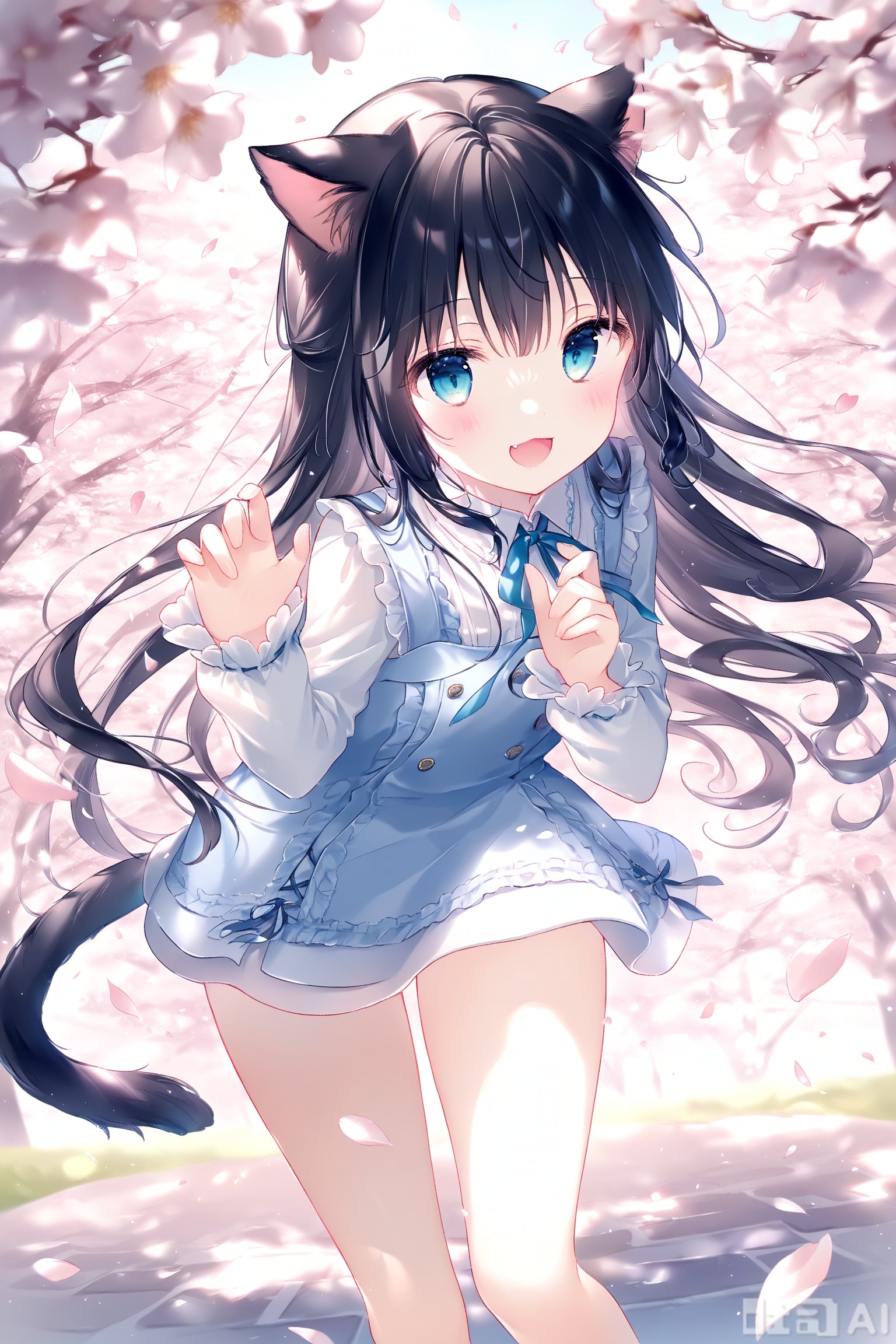 1girl, blue_eyes, animal_ears, solo, fang, cat_ears, tail, cat_girl, cat_tail, looking_at_viewer, black_hair, open_mouth, smile, long_sleeves, petals, :d