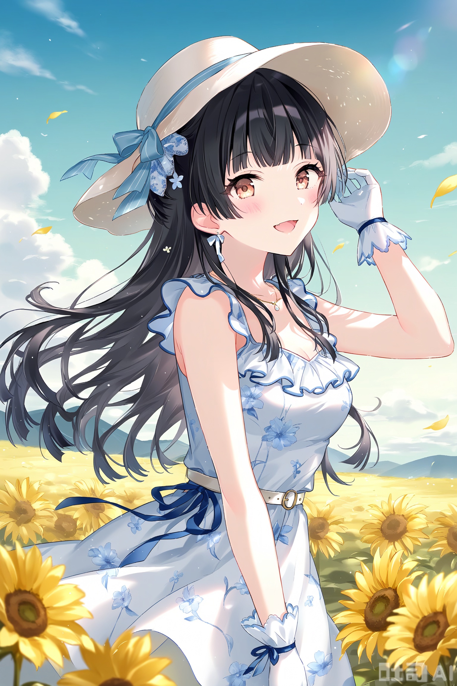 1girl, mayuzumi_fuyuko, solo, dress, black_hair, hat, looking_at_viewer, long_hair, smile, sleeveless, white_dress, sleeveless_dress, white_headwear, belt, gloves, blush, sun_hat, white_belt, blunt_bangs, open_mouth, sky, brown_eyes, bow, ribbon, blue_sky, breasts, blue_ribbon, outdoors, floral_print