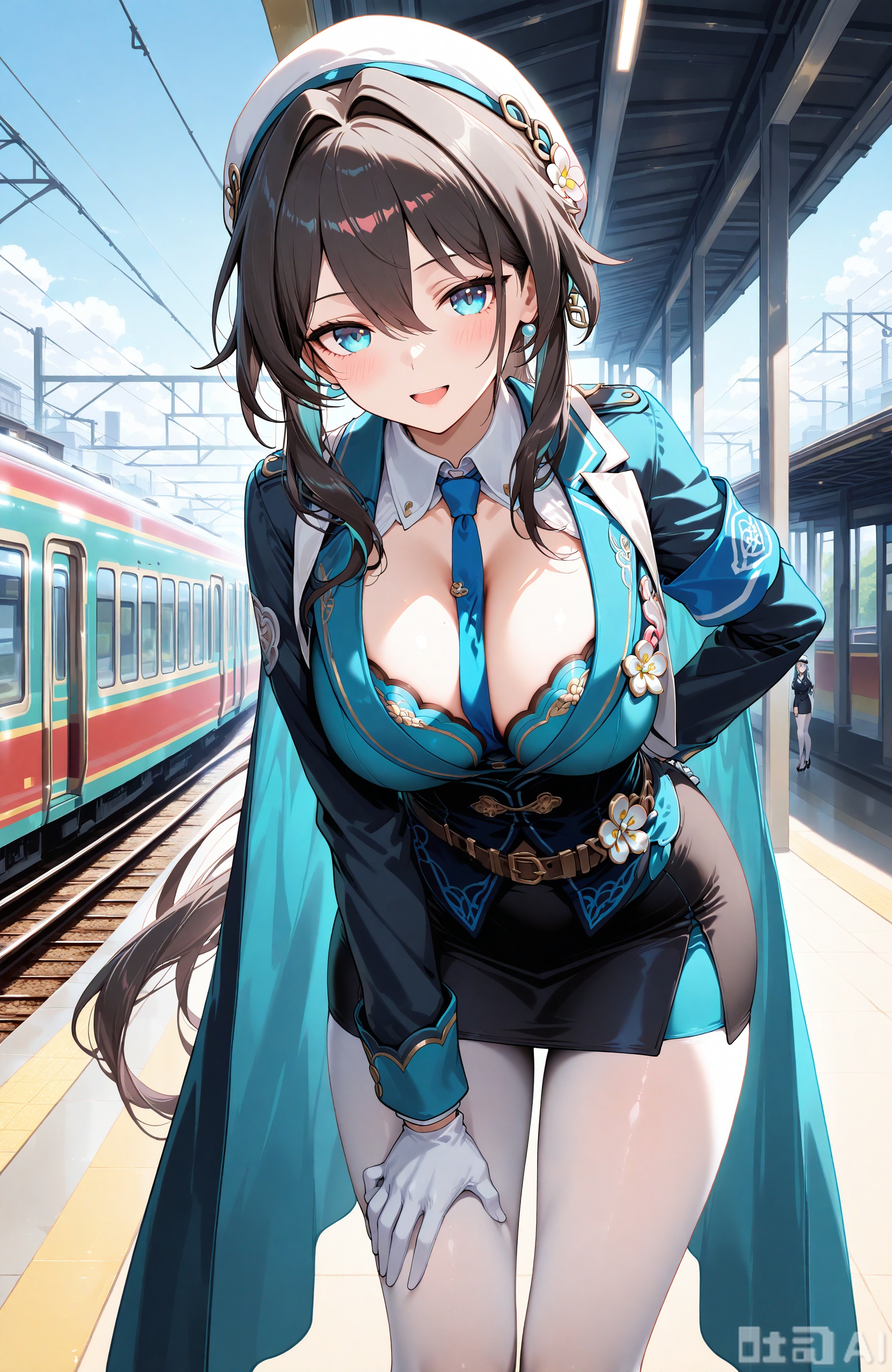 masterpiece,best quality,high quality, 1girl,ruanmei,black hair,long hair, blue eyes,hair intakes,hair ornament,loves,long hair,white gloves,pantyhose,breasts,skirt,white shirt,blue necktie,necktie,shirt,jacket,black jacket,very long hair,train,hat,train station,long sleeves,looking at viewer,open mouth,smile,leaning forward,hair between eyes,collared shirt,black skirt,large breasts,bangs,belt,pencil skirt,white headwear,solo,garrison cap,:d,blush,uniform,white pantyhose,ground vehicle,armband,hand on own thigh,solo focus,