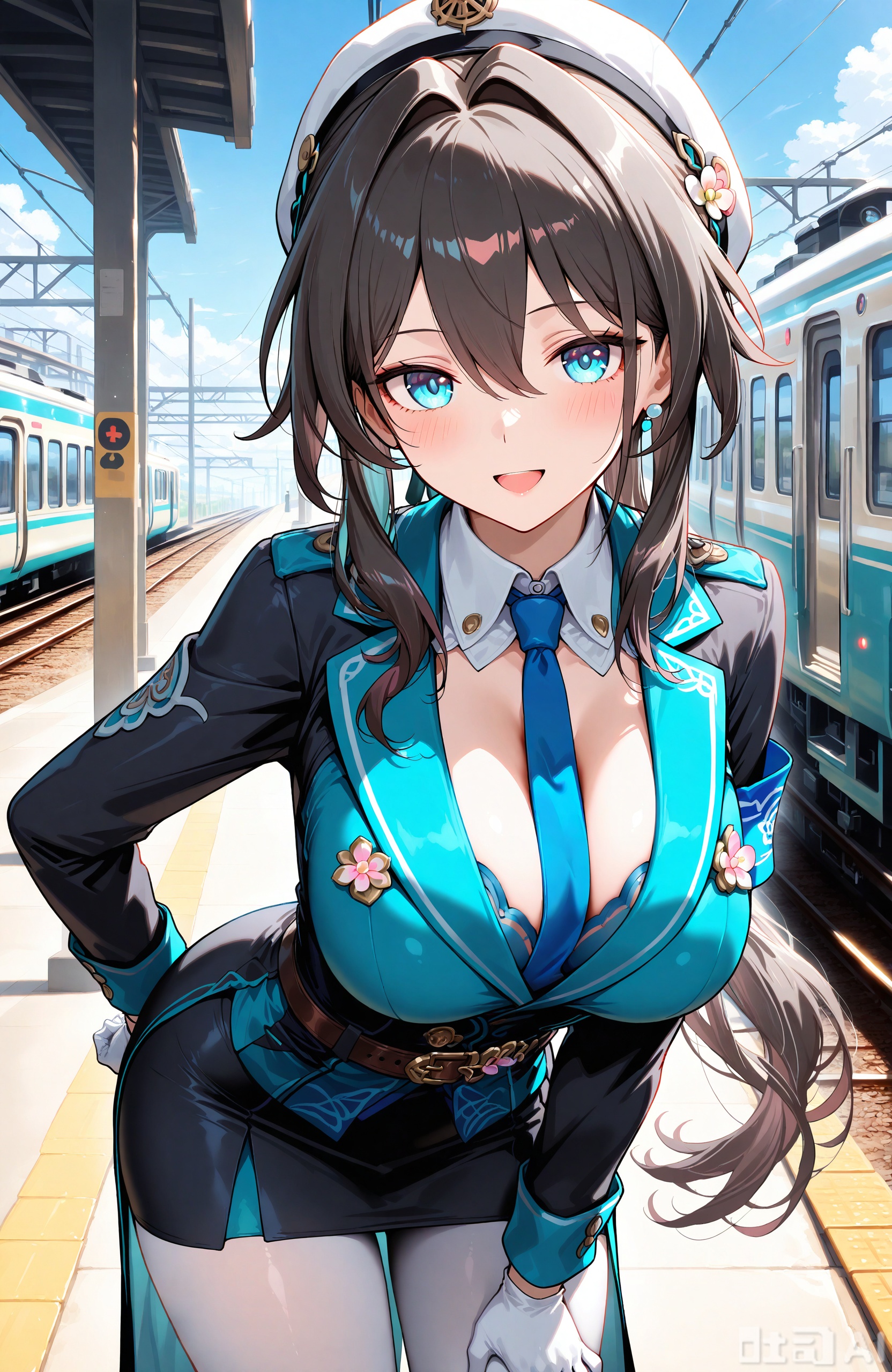 masterpiece,best quality,high quality, 1girl,ruanmei,black hair,long hair, blue eyes,hair intakes,hair ornament,loves,long hair,white gloves,pantyhose,breasts,skirt,white shirt,blue necktie,necktie,shirt,jacket,black jacket,very long hair,train,hat,train station,long sleeves,looking at viewer,open mouth,smile,leaning forward,hair between eyes,collared shirt,black skirt,large breasts,bangs,belt,pencil skirt,white headwear,solo,garrison cap,:d,blush,uniform,white pantyhose,ground vehicle,armband,hand on own thigh,solo focus,