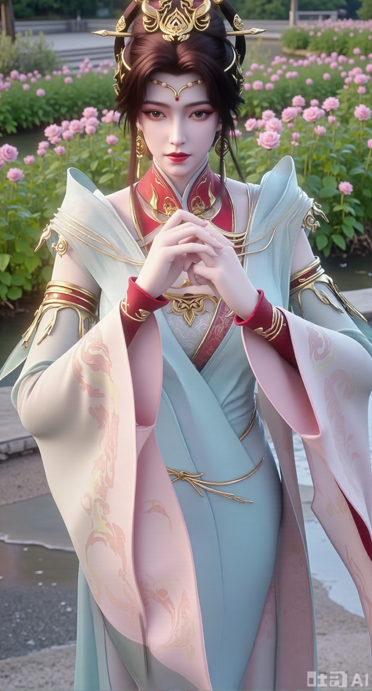 (masterpiece:1.2),best quality,,A woman adorned in traditional Chinese attire,featuring a flowing robe with intricate embroidery and floral accents. A garden filled with pink roses and lush greenery. Soft pastel hues of white,blue,and green,creating a serene atmosphere. Photorealistic photography.,,(huge breasts:2.99),(full breasts:2.99),Xzhenxianyingling2,XhenrennvdiX,Xzhenxianyingling,XhenrendadiX