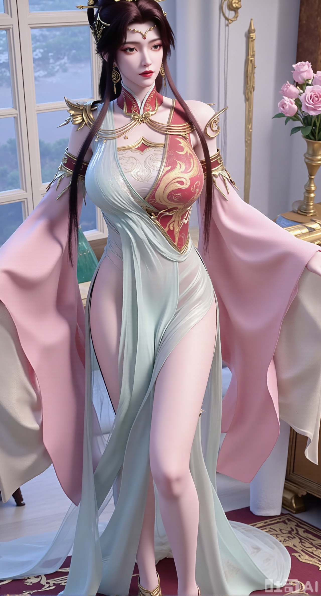 (masterpiece:1.2),Ultra clear, wallpaper, 8k, masterpiece, 1girl, solo, long hair, breasts, looking at viewer, bangs, large breasts,long dress,, bare shoulders, jewelry, black hair, standing, purple eyes, full body, flower, thighs, indoors, hair bun, long dress, high heels, cup, see-through, book, bare legs, window, table, white footwear, standing on one leg, curtains, pink flower, side slit, vase, ,(huge breasts:2.99),(full breasts:2.99),,Xzhenxianyingling2,XhenrennvdiX,Xzhenxianyingling,XhenrendadiX