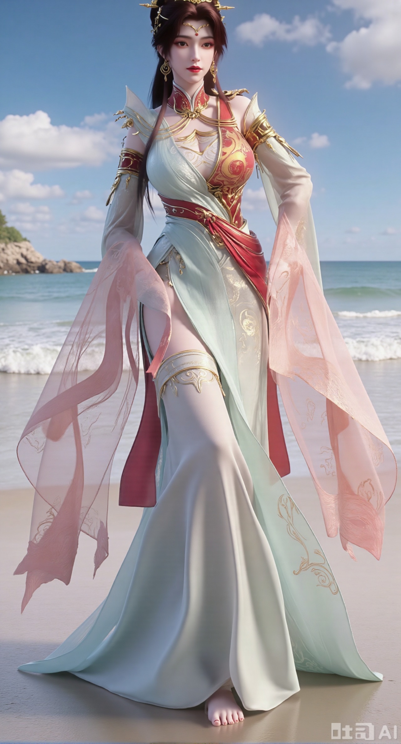 masterpiece, best quality, 1girl,solo,looking at viewer,( outdoor:1.3),sea,beach,realistic,midriff,bare shoulders,standting,hair ornament,long hair,jewelry,long dress,cowboy shot, (huge breasts, full breasts:2.69),Xzhenxianyingling2,XhenrennvdiX,Xzhenxianyingling,XhenrendadiX