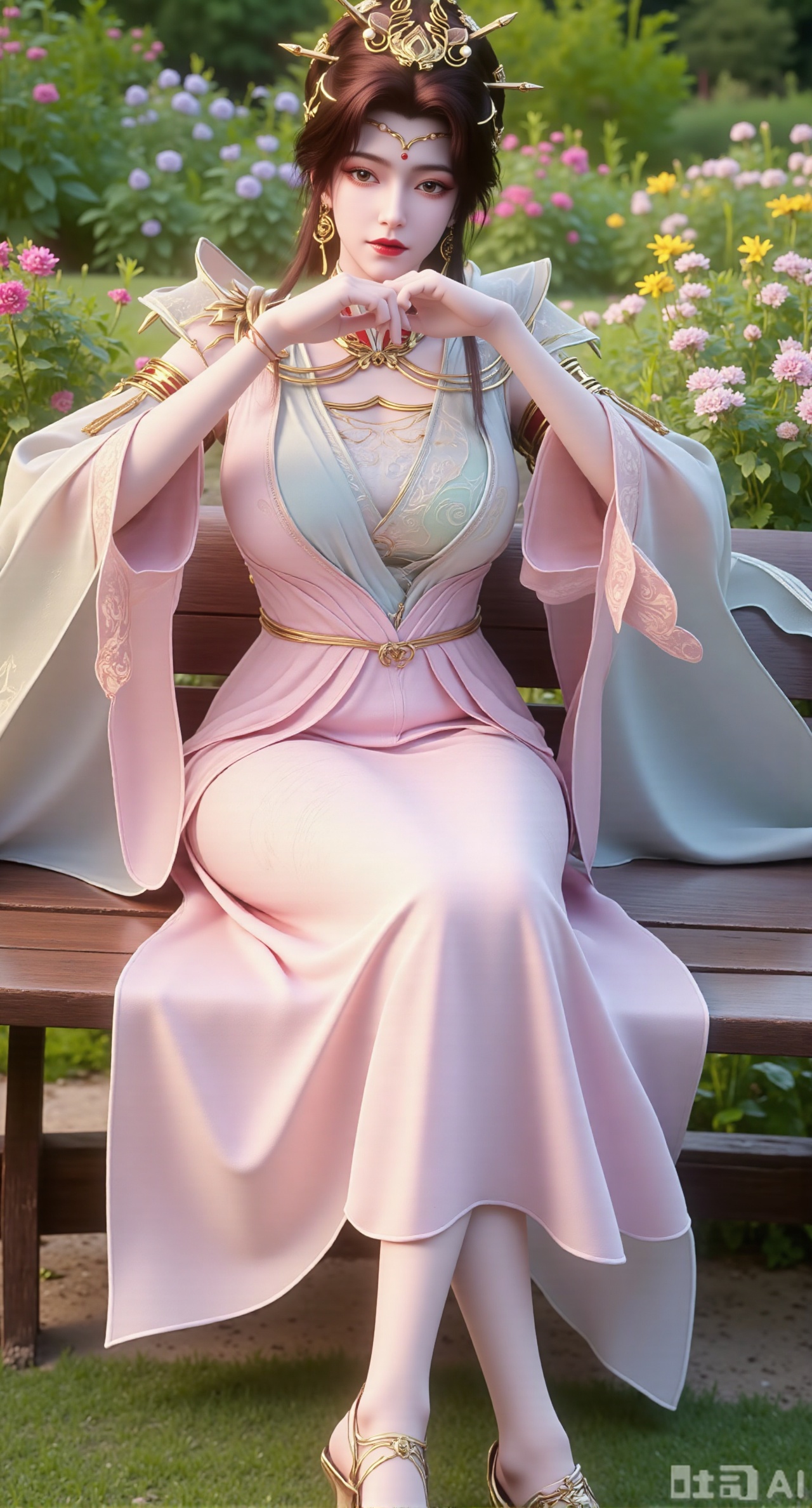 (masterpiece, best quality:1.2),A beauty wearing a pearl hairband dons a long dress, paired with a sheer knitted cardigan and Mary Jane shoes. Leaning on a garden bench filled with macaron - colored flowers,.Sunlight filters through the leaves onto her face, creating a lazy and gentle atmosphere, and her skirt sways softly in the breeze. 8K resolution, detailed texture of knitted fabric, lustrous pearl texture, vivid flower colors, soft natural light, Instagram - style filter texture.,(huge breasts:2.99),(full breasts:2.99),Xzhenxianyingling2,XhenrennvdiX,Xzhenxianyingling,XhenrendadiX