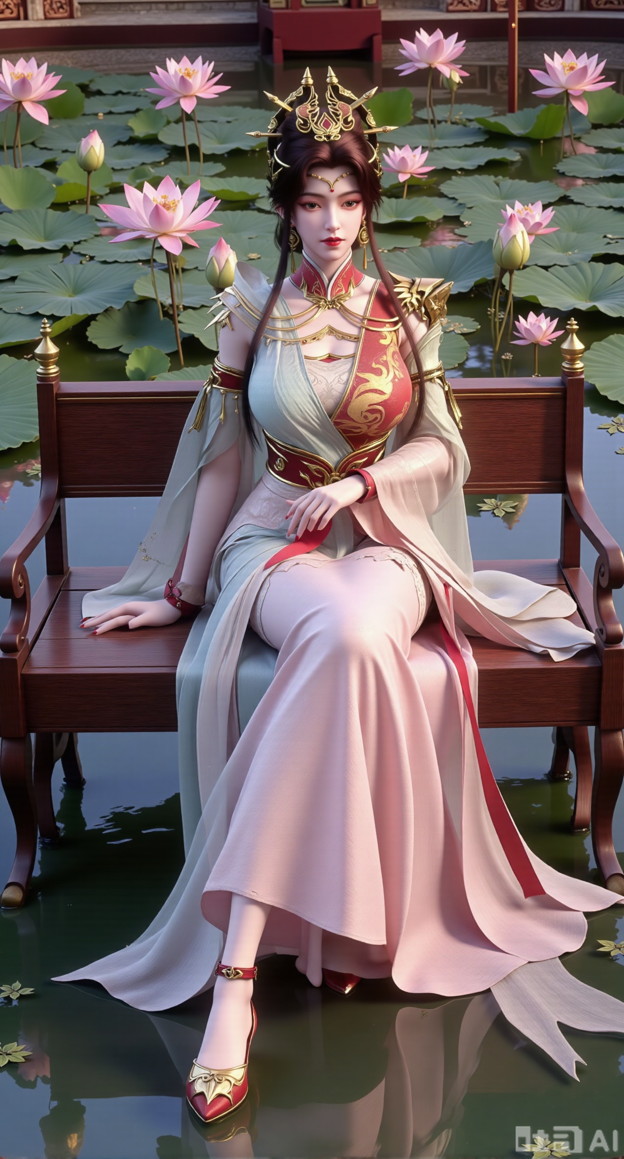 (masterpiece:1.2),best quality,The image is a digital illustration of a young woman sitting on a wooden bench in a pond with lily pads. She is wearing a long dress with design on the chest and sleeves. The dress has a high neckline and short sleeves,Holding a lotus in hand. She has long dark hair styled in loose waves and is wearing gold high heels. The woman is posing with one hand on her hip and the other resting on the edge of the bench. The background is filled with pink and white lotus flowers and green leaves. The overall mood of the image is peaceful and serene,(huge breasts:2.99),(full breasts:2.99),(Background with traditional Chinese architecture, lotus pond and pink lotus flowers:1.39),Xfengmian2,Xzhenxianyingling,XhenrendadiX,Xzhenxianyingling2,XhenrennvdiX