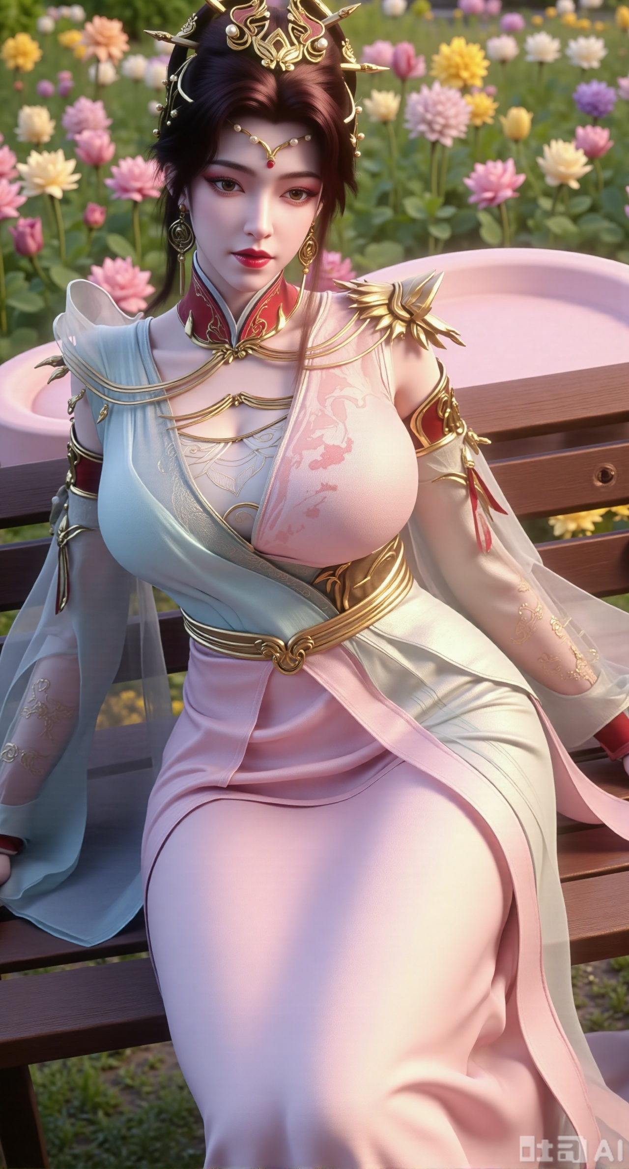(masterpiece, best quality:1.2),A beauty wearing a pearl hairband dons a long dress, paired with a sheer knitted cardigan and Mary Jane shoes. Leaning on a garden bench filled with macaron - colored flowers,.Sunlight filters through the leaves onto her face, creating a lazy and gentle atmosphere, and her skirt sways softly in the breeze. 8K resolution, detailed texture of knitted fabric, lustrous pearl texture, vivid flower colors, soft natural light, Instagram - style filter texture.,(huge breasts:2.99),(full breasts:2.99),Xfengmian2,Xzhenxianyingling,XhenrendadiX,Xzhenxianyingling2,XhenrennvdiX