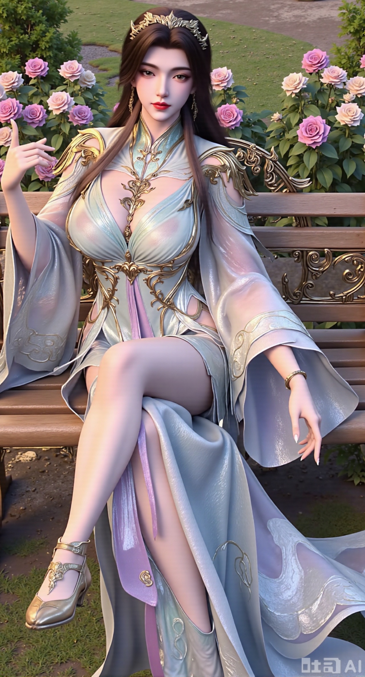 (masterpiece, best quality:1.2),A beauty wearing a pearl hairband dons a long dress, paired with a sheer knitted cardigan and Mary Jane shoes. Leaning on a garden bench filled with macaron - colored flowers,.Sunlight filters through the leaves onto her face, creating a lazy and gentle atmosphere, and her skirt sways softly in the breeze. 8K resolution, detailed texture of knitted fabric, lustrous pearl texture, vivid flower colors, soft natural light, Instagram - style filter texture.,(huge breasts:2.99),(full breasts:2.99),Xfengmian2,Xzhenxianyingling,XhenrendadiX,Xzhenxianyingling2,XhenrennvdiX