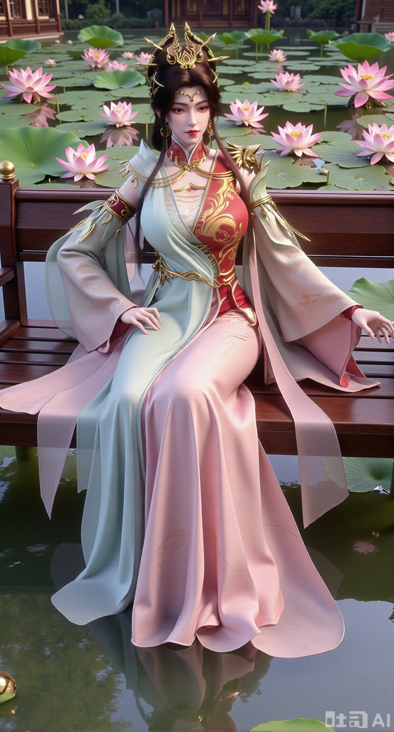 (masterpiece:1.2),best quality,The image is a digital illustration of a young woman sitting on a wooden bench in a pond with lily pads. She is wearing a long dress with design on the chest and sleeves. The dress has a high neckline and short sleeves,Holding a lotus in hand. She has long dark hair styled in loose waves and is wearing gold high heels. The woman is posing with one hand on her hip and the other resting on the edge of the bench. The background is filled with pink and white lotus flowers and green leaves. The overall mood of the image is peaceful and serene,(huge breasts:2.99),(full breasts:2.99),(Background with traditional Chinese architecture, lotus pond and pink lotus flowers:1.39),Xfengmian2,Xzhenxianyingling,XhenrendadiX,Xzhenxianyingling2,XhenrennvdiX