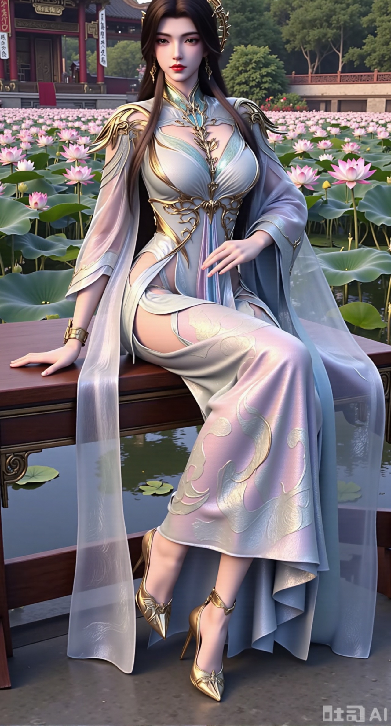 (masterpiece:1.2),best quality,The image is a digital illustration of a young woman sitting on a wooden bench in a pond with lily pads. She is wearing a long dress with design on the chest and sleeves. The dress has a high neckline and short sleeves,Holding a lotus in hand. She has long dark hair styled in loose waves and is wearing gold high heels. The woman is posing with one hand on her hip and the other resting on the edge of the bench. The background is filled with pink and white lotus flowers and green leaves. The overall mood of the image is peaceful and serene,(huge breasts:2.99),(full breasts:2.99),(Background with traditional Chinese architecture, lotus pond and pink lotus flowers:1.39),Xfengmian2,Xzhenxianyingling,XhenrendadiX,Xzhenxianyingling2,XhenrennvdiX