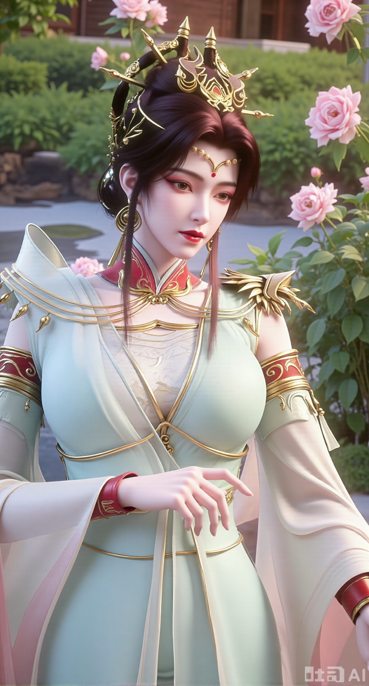  (masterpiece:1.2),best quality,,A woman adorned in traditional Chinese attire,featuring a flowing robe with intricate embroidery and floral accents. A garden filled with pink roses and lush greenery. Soft pastel hues of white,blue,and green,creating a serene atmosphere. Photorealistic photography.,,(huge breasts:2.99),(full breasts:2.99),Xfengmian2,Xzhenxianyingling,XhenrendadiX,Xzhenxianyingling2,XhenrennvdiX